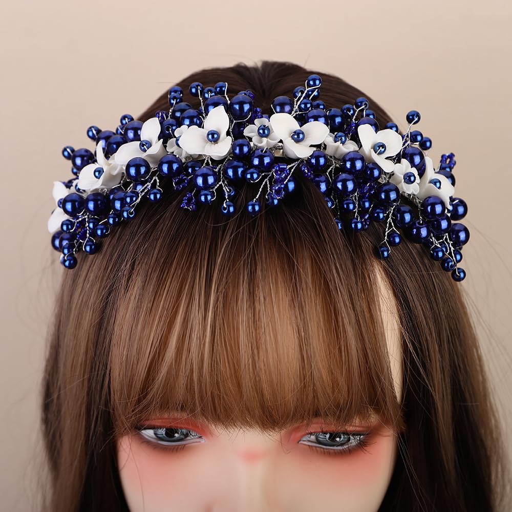 Lenjicons Elegant Faux Pearls Flower Headband White Flower Beads Wedding Headband Handmade Bridal Hair Crown Wedding Bridal Headpiece for Brides Bridesmaid (blue)