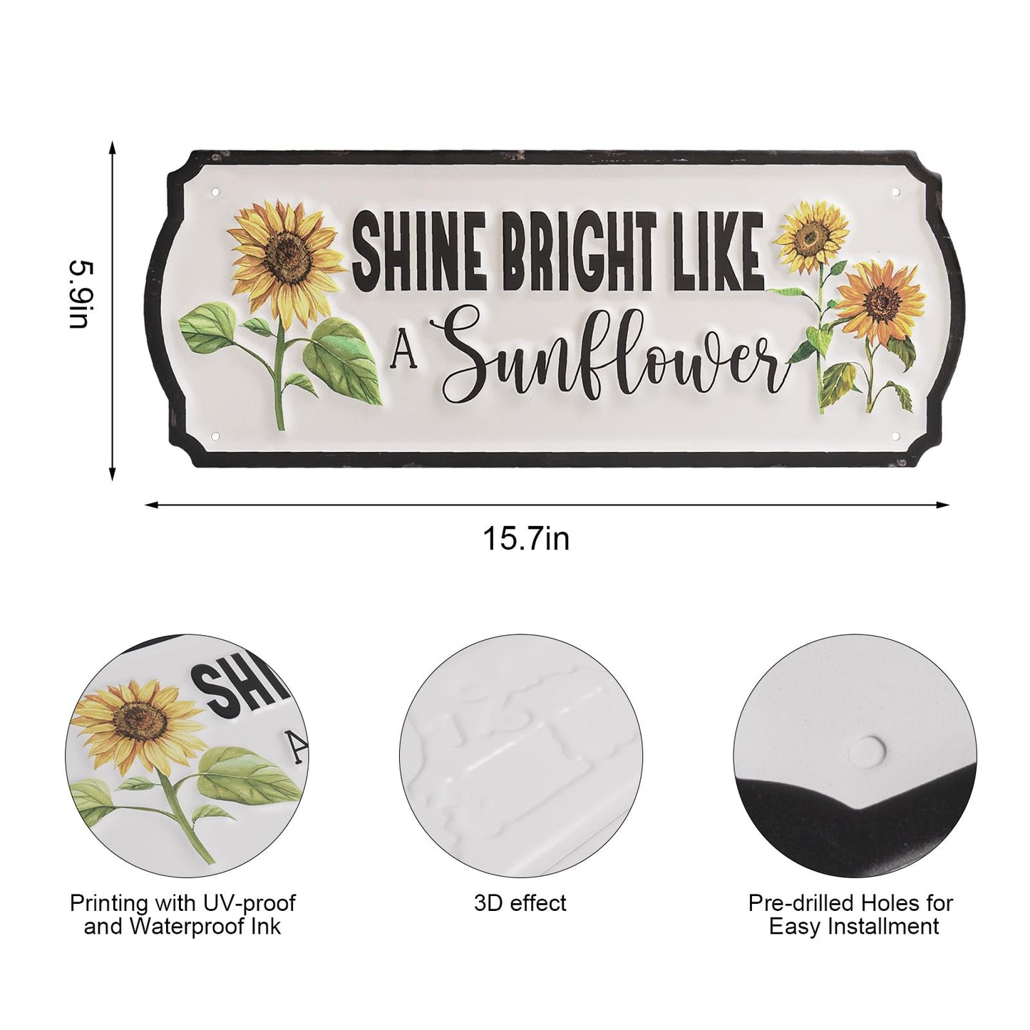 pechpell Metal Sunflower Wall Decor, 15.7"×5.9" Outdoor Sun flower Sign Fence Yard Patio Porch Garden Wall Art, Kitchen Bathroom Bedroom Decorations for Home