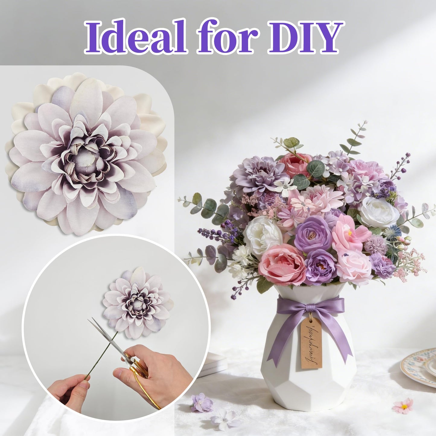 TUEVAK Purple Artificial Silk Flowers Combo with Dahlias, Roses & Green Stems for DIY Wedding Bouquets, Party, Baby Showers, Table Centerpieces and Home Decor
