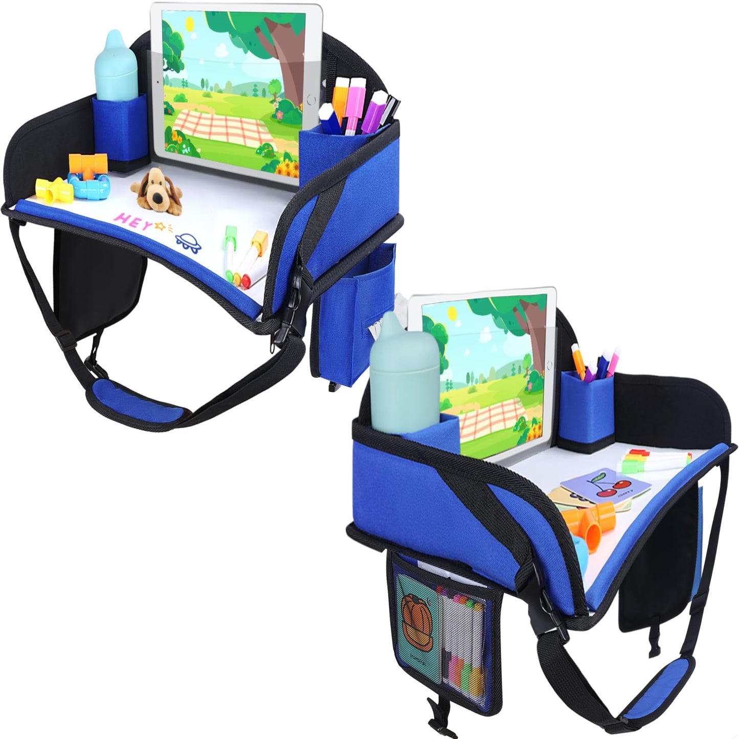 WENRENER Kids Travel Tray for Car Seat, Toddler Road Trip Essentials With Drawing Kit, Travel Activities Must Haves (Navy Blue-2PCS)