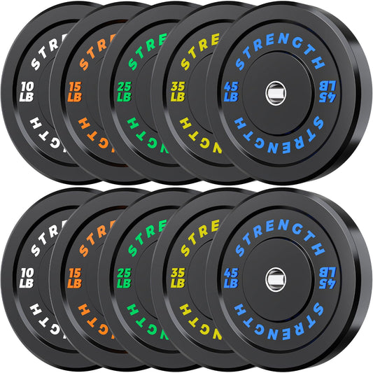 Rendpas 2-Inch Olympic Bumper Plates, 100% Virgin Rubber Low Bounce Barbell Weight for Home Gym Strength Training, 10lb-45lb Black with Color-Coded