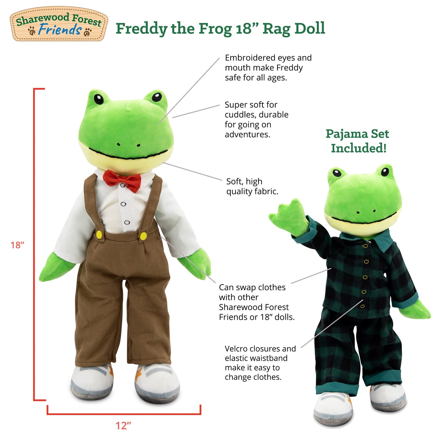 Plushible Soft Baby Doll, 18 Inch Frog - Plush Rag Doll with 2 Clothing Sets, My First Plush Toy for Girls, Boys & Infants, Soft Baby Stuffed Toy, Adorable Companion for 1 Year Old & Up