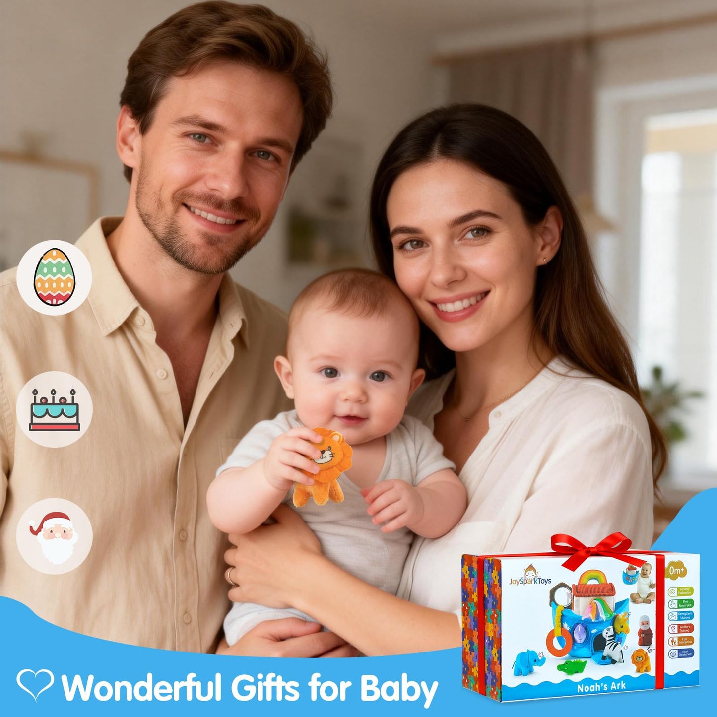 Baby Toys 6-12 Months - Noah's Ark Toy with Stuffed Animals, Baptism Gifts for Boys Girls, Montessori Toys for 6 Month Old Babies Sensory Tissue Box Toy for 1 Year Old