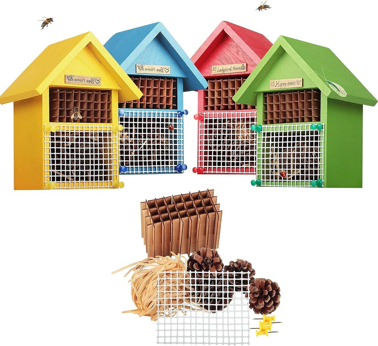 CEDAR ALPHA 4 Pack DIY Insect Hotel Kit, Backyard Insect House, Solid Wood 5.9"x 7.7"x 4.7", UVcoating Painted, Bee House, Nesting Habitat Shelters, Garden Shelter for Bees, Butterflies, Bugs