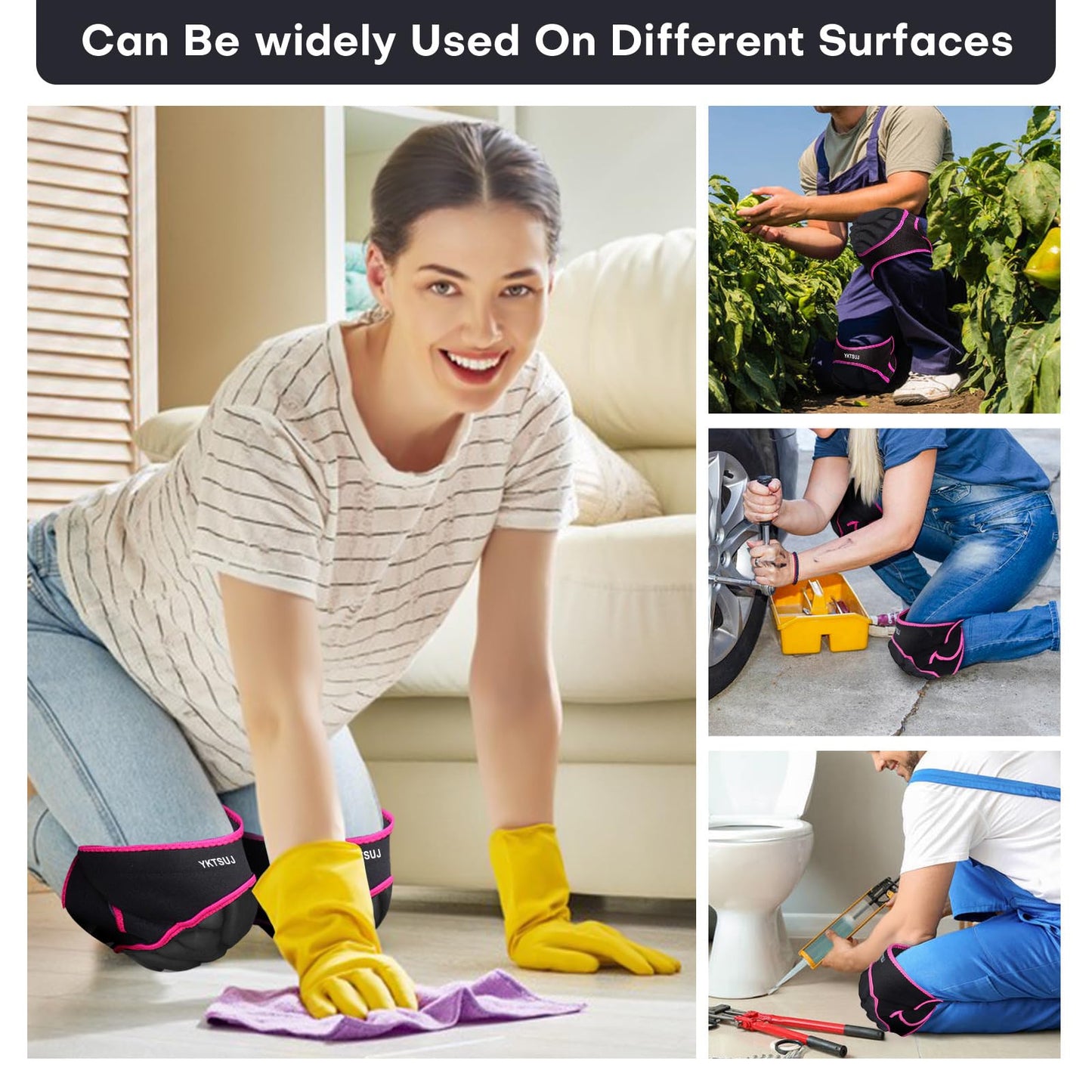 YKTSUJ Knee Pad Women Men for Gardening House Working, Floor and Carpet Cleaning, Construction Work, Cleaning Knee Pads With High Elastic Fabric Black with Pink Edge L