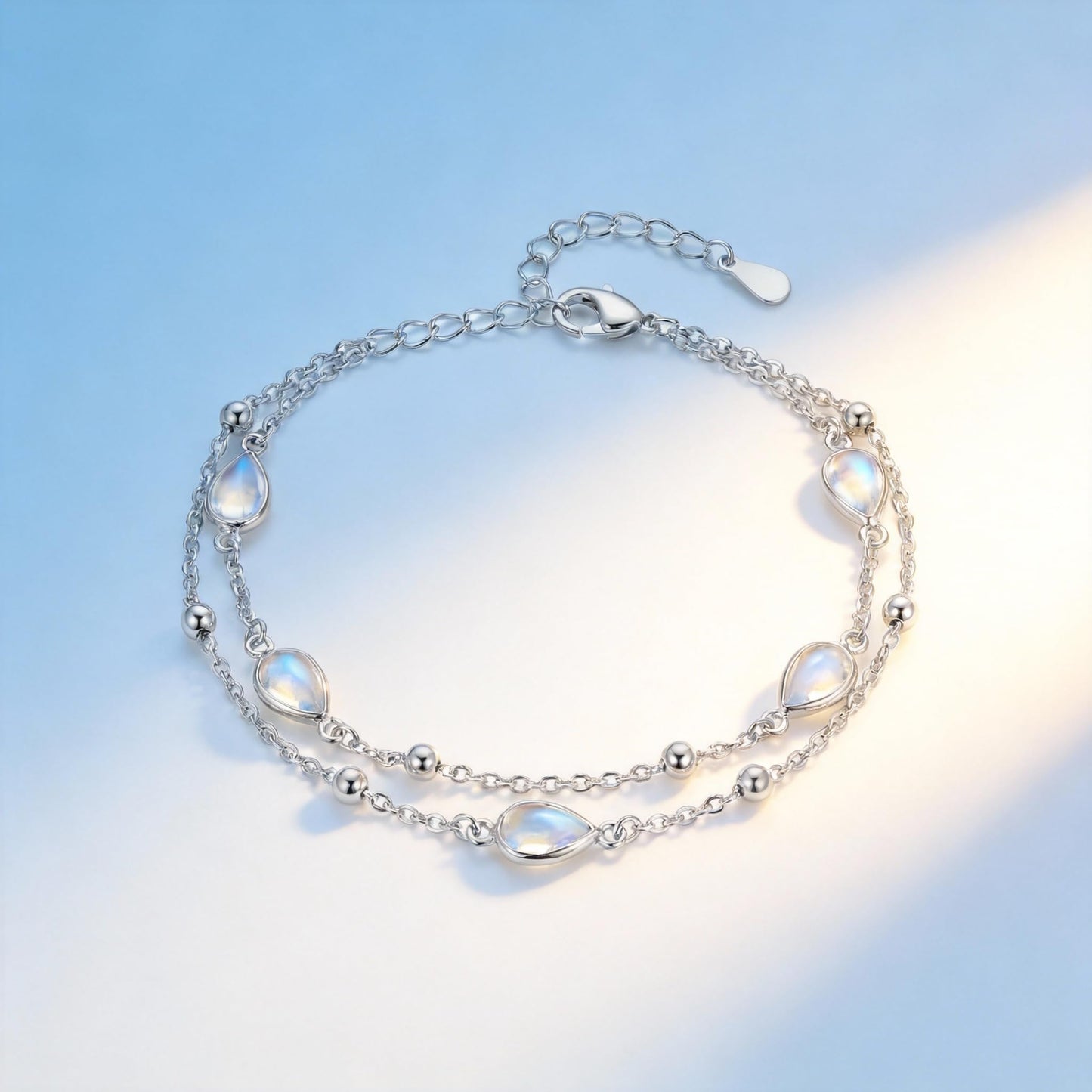 ZADIUA Moonstone Bracelet 925 Sterling Silver Adjustable Moonstone Double Layered Chain Bracelet Jewelry Gifts for Women