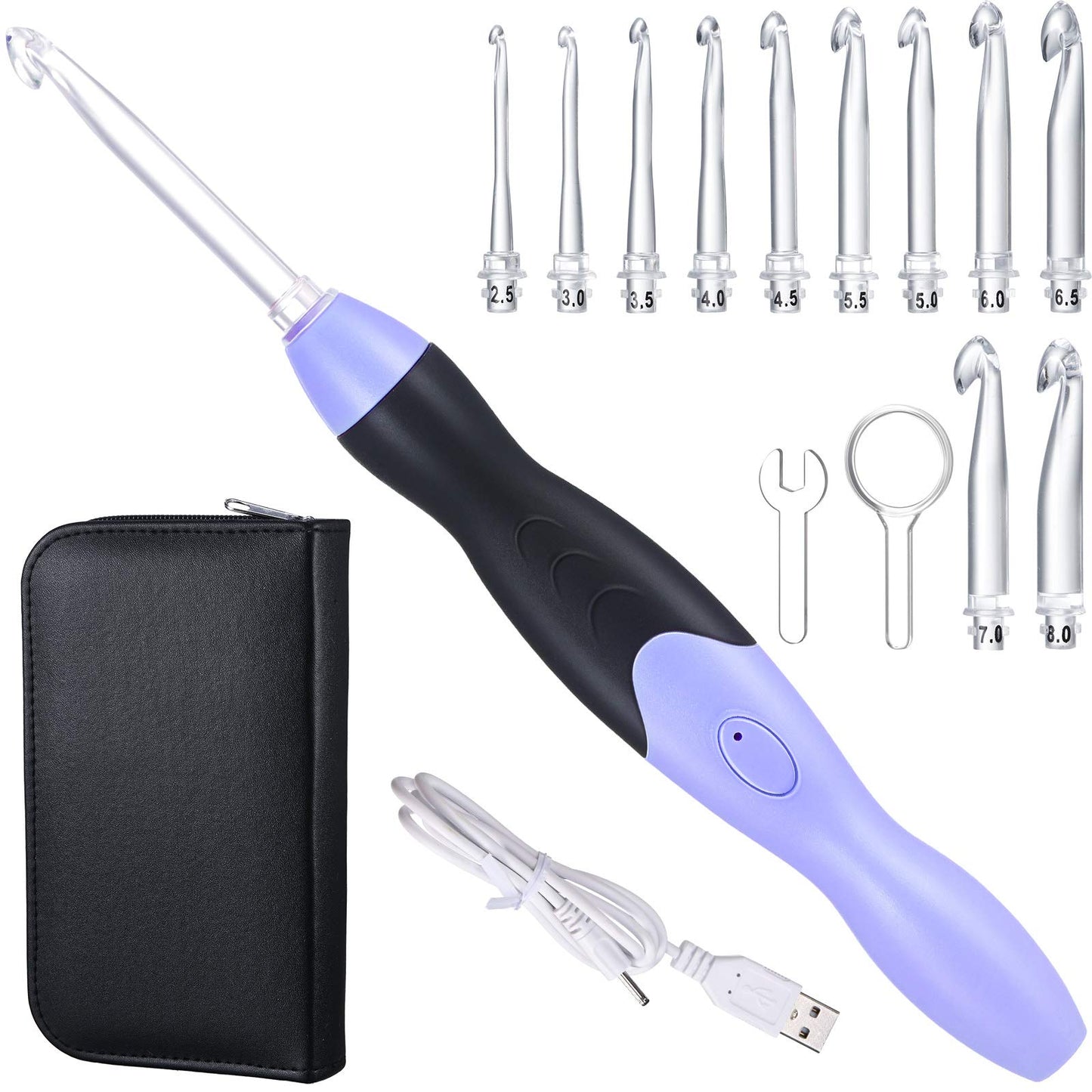 Chuangdi 11 Sizes Lighted Crochet Hooks Set Rechargeable Crochet Hook Light up Hooks with Case, Interchangeable Heads 2.5 mm to 8 mm for DIY Craft Supplies(Purple-Black)