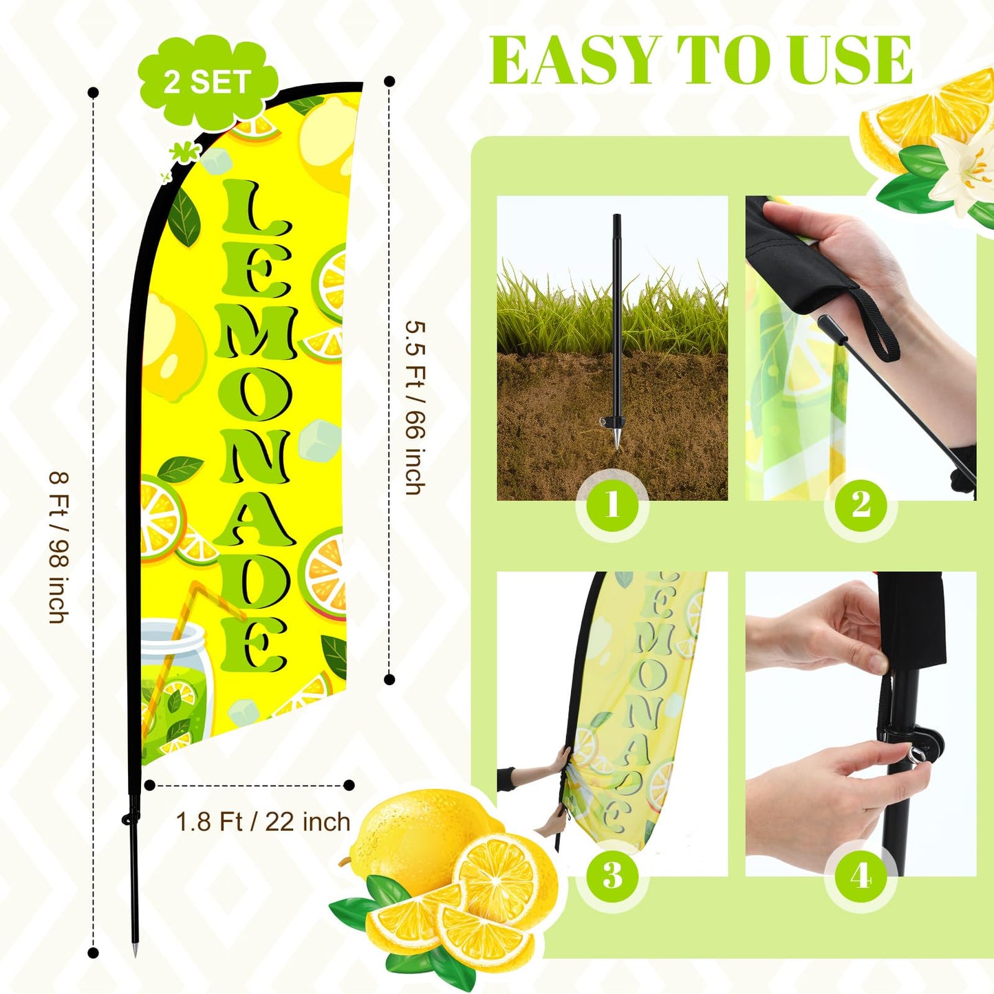 HunnmingRe 2 Set Lemonade Feather Flag Kit, 8ft Advertising Swooper Flag Banner with Pole and Ground Stake for Business Restaurant Advertising Banner for Outside Ground