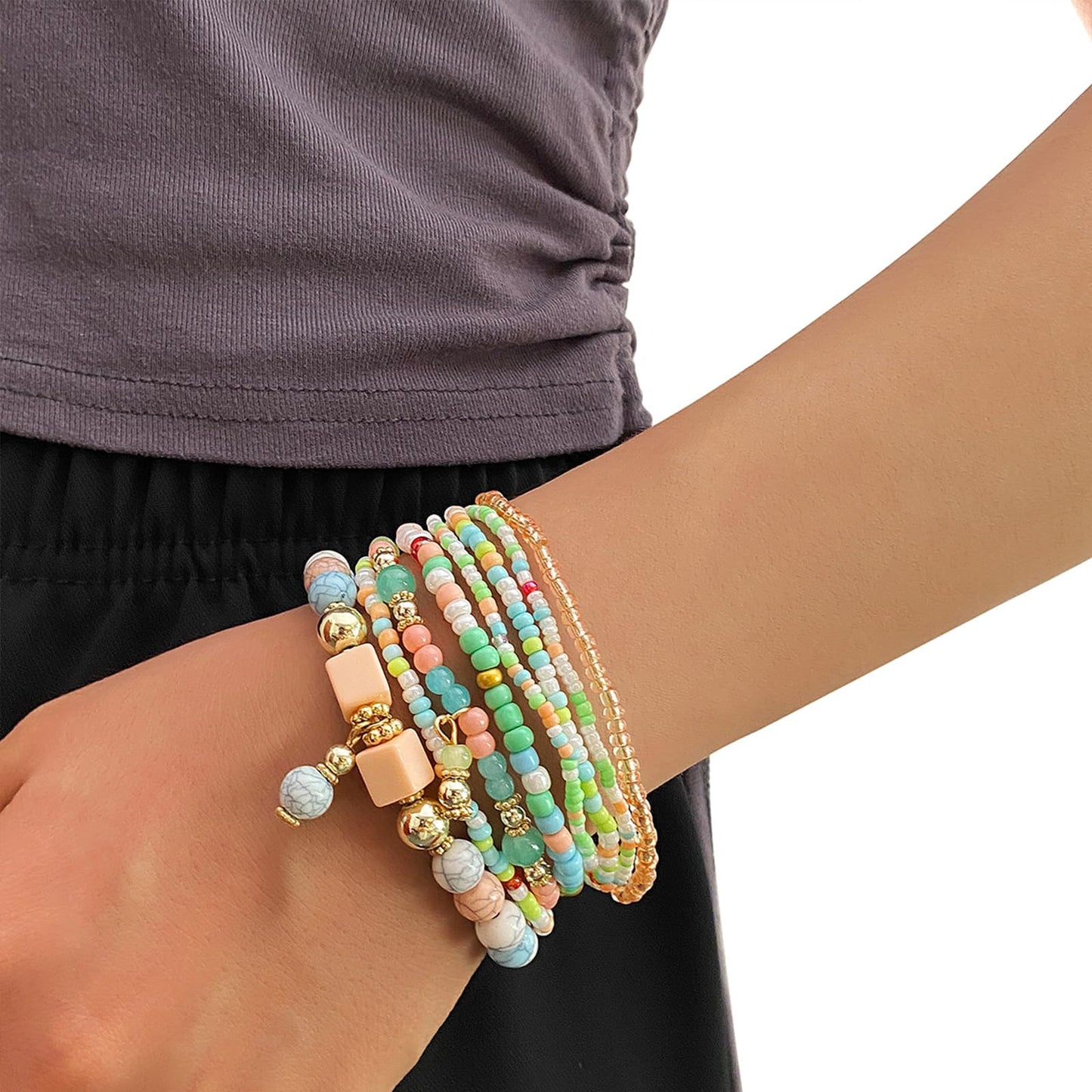 IFKM 8PCS Beaded Bracelets for Women, Multilayered Stackable Strand Stretch Bead Bracelet Pack Handmade Trendy Bohemian Charm Jewelry Colorful