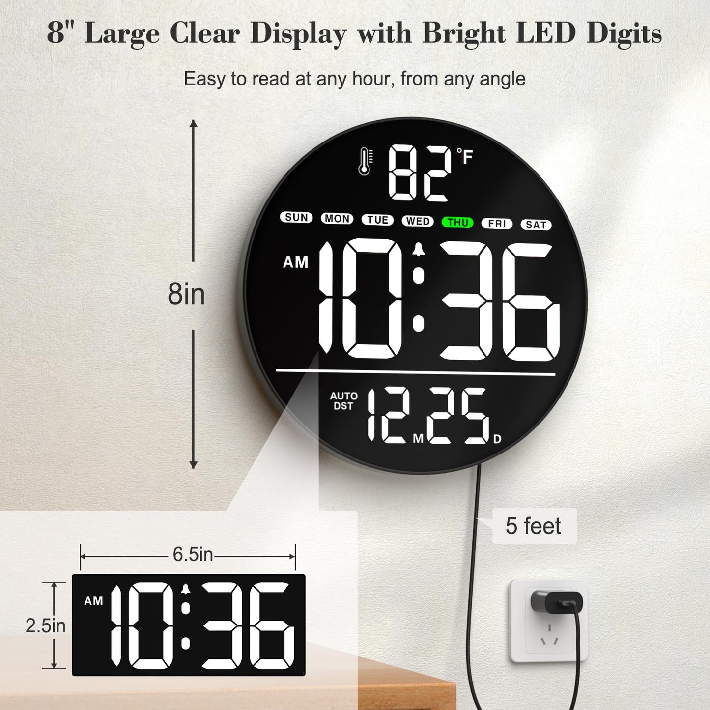 WallarGe Large Digital Wall Clock with LED Display, Electric Wall Clock with Temperature, Auto DST, Date, and Day, 5-Level Brightness for Office, Bedroom, Living Room, Classroom Décor