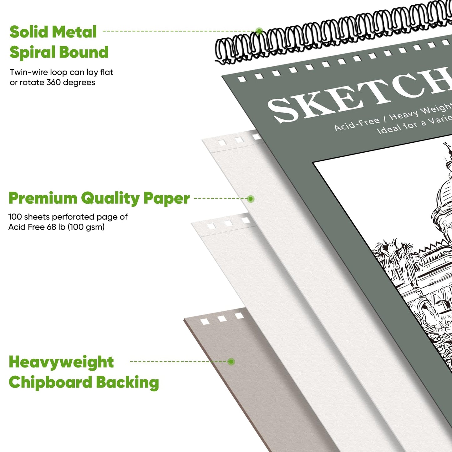 Soucolor 9" x 12" Sketch Book, 1-Pack 100 Sheets Spiral Bound Art Sketchbook, Acid Free (68lb/100gsm) Artist Drawing Book Paper Painting Sketching Pad, College Essentials