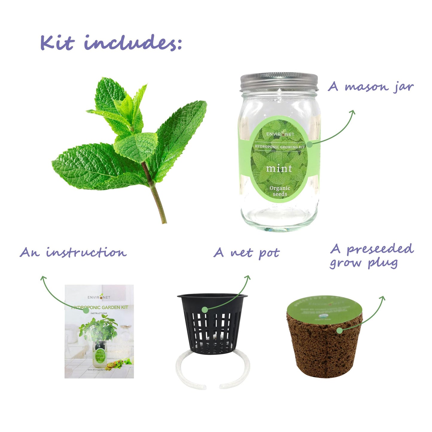 Hydroponic Herb Growing Kit, Self-Watering Mason Jar Herb Garden Starter Kit Indoor, Window Herbs Garden, Grow Your Own Herbs from Organic Seeds (Mint)