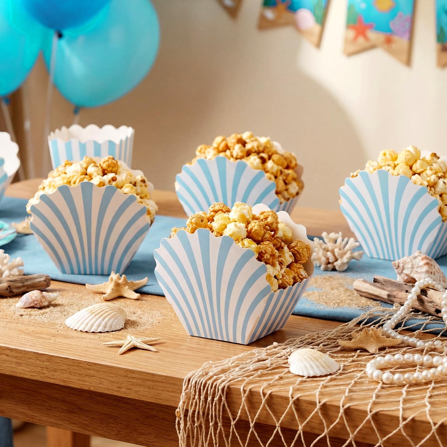 LemonRoad 24 Pcs Scalloped Blue Striped Popcorn Boxes Shell Last Toast on the Coast Party Favor Blue Seashell Treat Boxes for Coastal Beach Mermaid Themed Supplies Ocean Under the Sea Party Favors