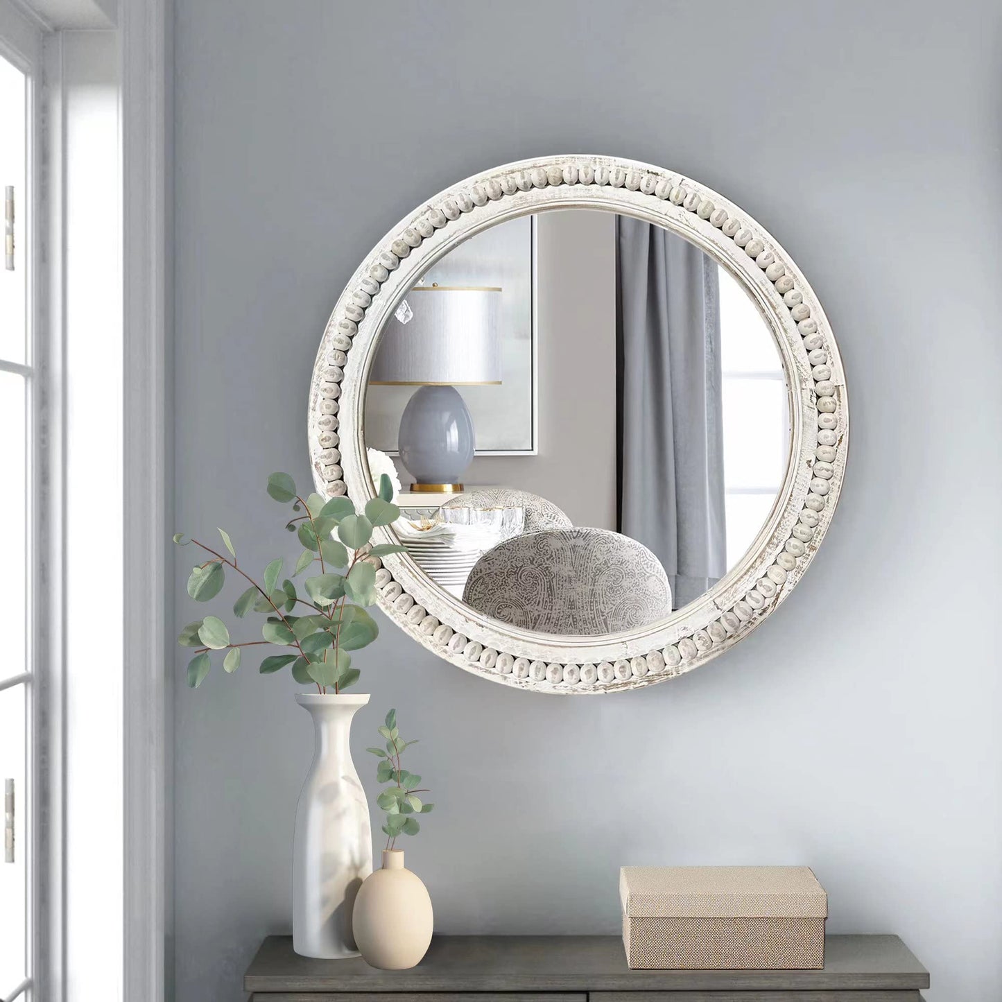 dwellington Rustic Round Wall 24 Inch Wood Circle Mirror with Beads, Decorative Farmhouse Mirror for Living Room, Bedroom, Kitchen, Entryway (White)