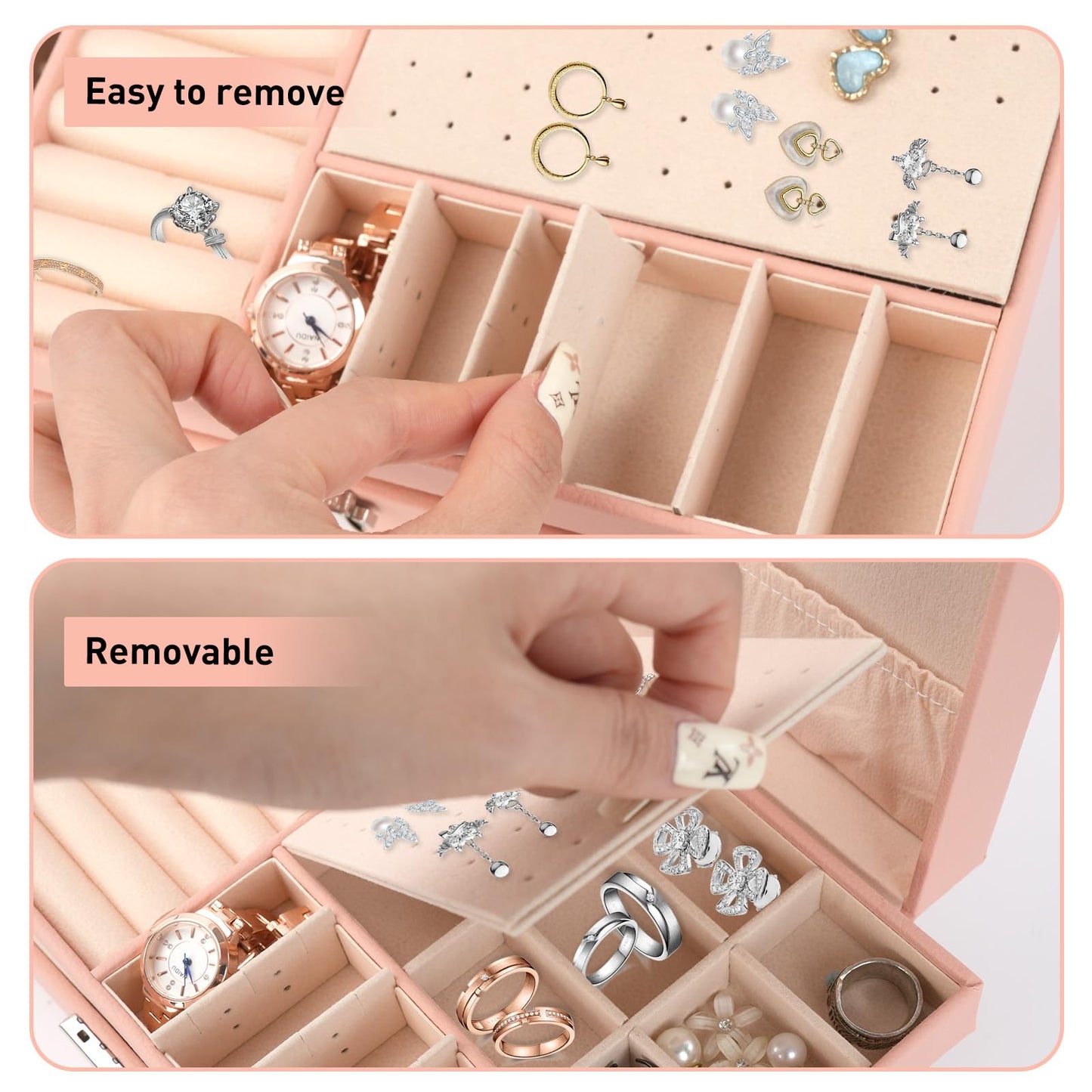 JINGIHE Jewelry Box Organizer for Women Girls, 2 Layers jewelry Storage Case with Removable Tray, PU Leather Jewellery Display Holder for Earring Rings Necklaces Bracelets Watches