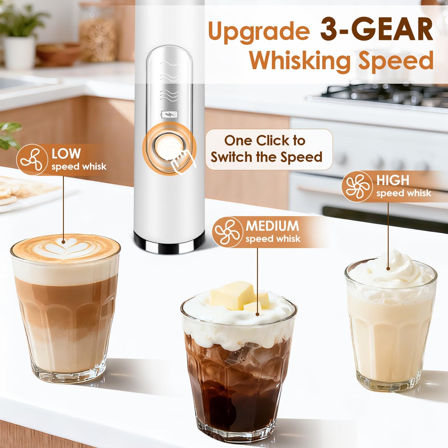 Handheld Milk Frother, rechargeable milk frother with 2 Stainless Steel Whisks 3 Speeds Electric Drink Mixer, Coffee Mixer Wand for Latte, Cappuccino, Matcha, Hot Chocolate, Egg (White)