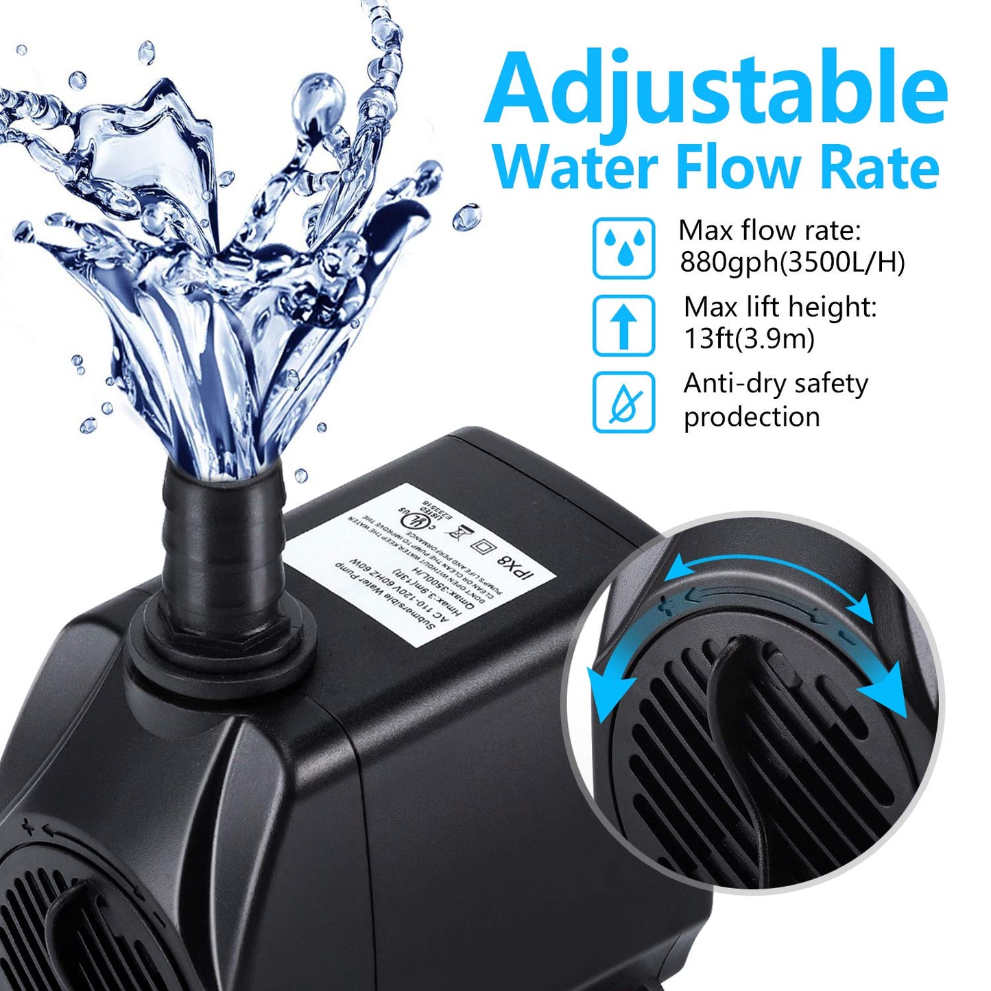 CWKJ Fountain Pump, 880GPH Submersible Water Pump, Durable 60W Outdoor Fountain Water Pump with 6.5ft Tubing (ID x 1/2-Inch), 3 Nozzles for Aquarium, Pond, Fish Tank, Water Pump Hydroponics, Fountain