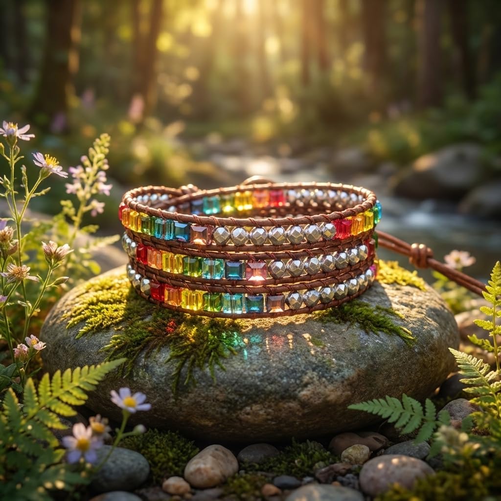 YGLINE Bohemian Style Multilayer Leather Wrap Bracelet Handmade Crystal Chakra Glass Beaded Stone Bracelet for Women
