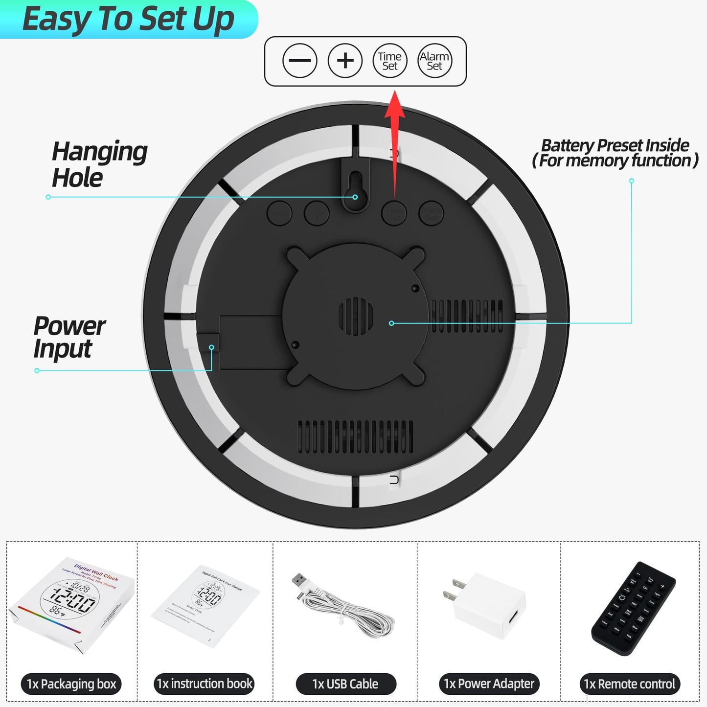 Jassurance 8in Round Digital Wall Clock, Large LED Display, Auto DST, Temperature, Alarm Clocks for Living Room, Bedroom, Office, Classroom, Gym Countdown Timer