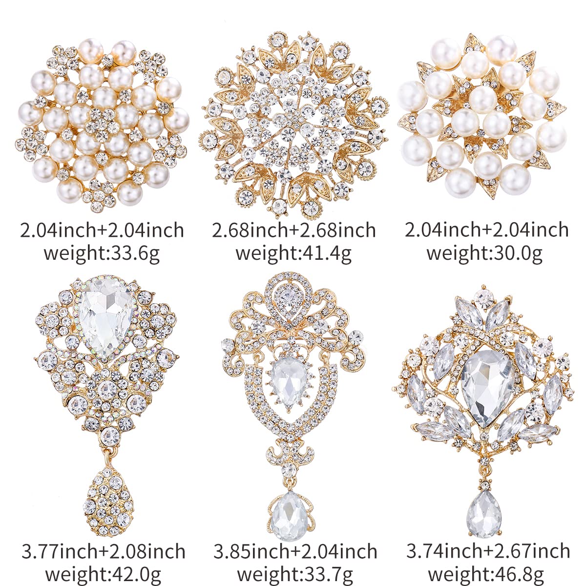 MEEDOZ Crystal Rhinestone Flower Brooch Pin Set for Women DIY Bridal Wedding Bouquet Kit (Gold-tone 6pcs)