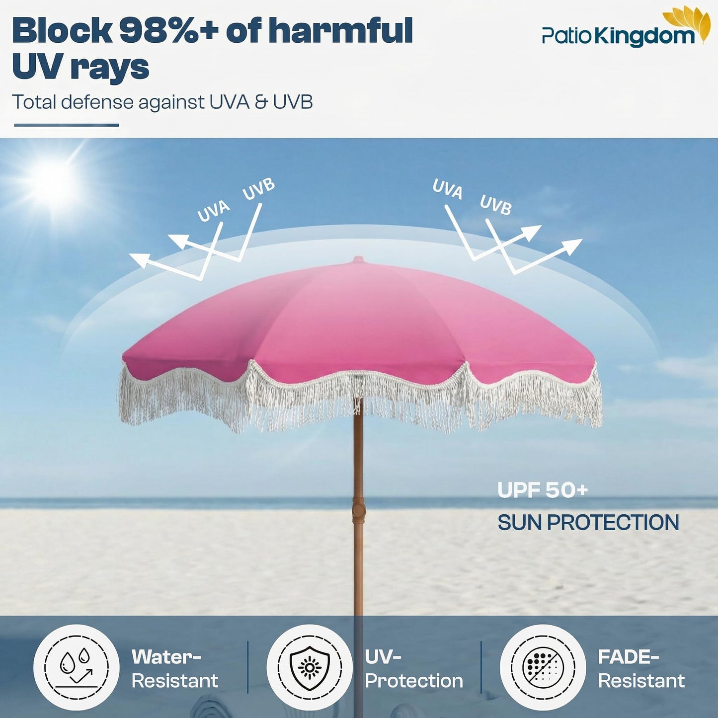 Patio Kingdom 7ft Patio Umbrella with Fringe, Boho Beach Umbrellas, Outdoor Tassels Umbrellas with Push Button Tilt & Carrying Bag, 8 Windproof Fiberglass Ribs, UPF50+, Light Pink