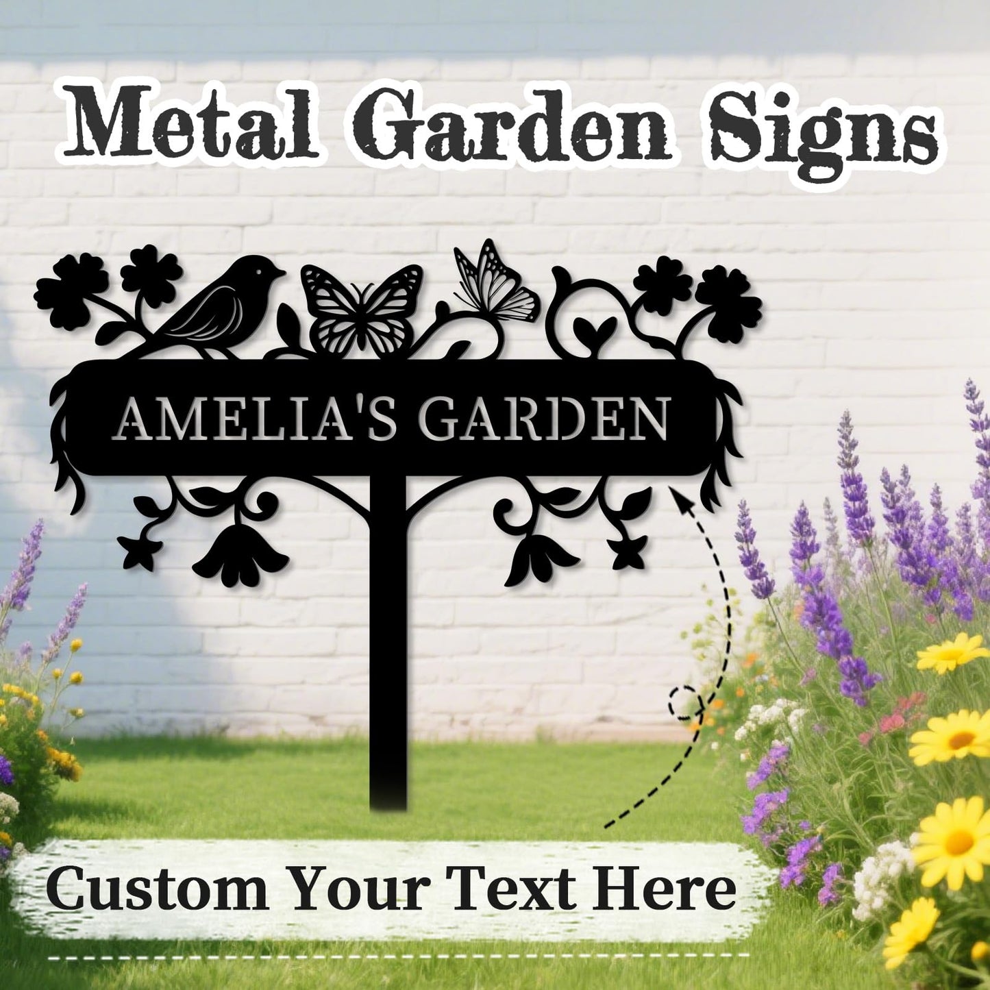 Custom Metal Garden Sign with Stake, Personalized Outdoor Name Plaque, Yard Sign for Lawn, Farm, Home Decor, Gardening Gift for Gardeners, Moms, Grandmas, Garden Lovers (Butterfly)