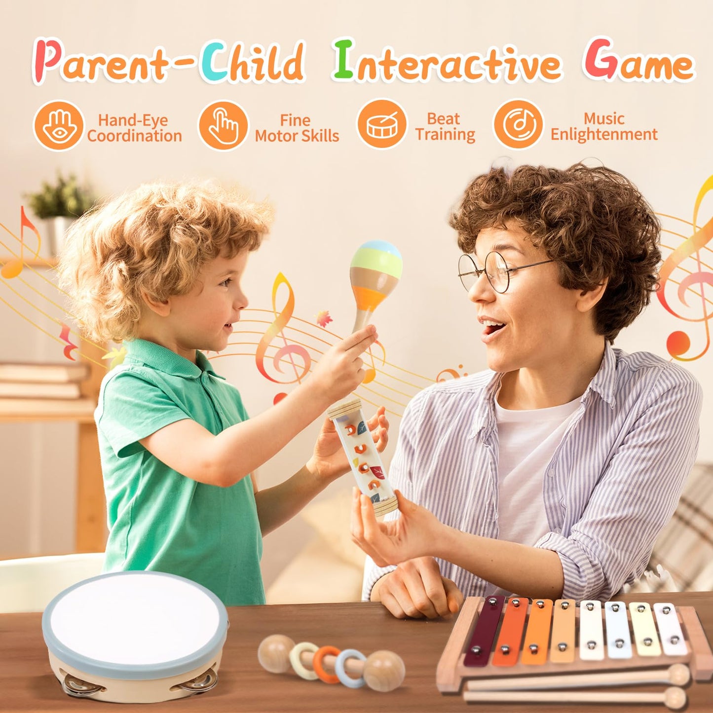 Toddler Musical Instruments Sets, Montessori Wooden Percussion Educational Baby Musical Toys Xylophone Maracas Tambourine for 2 3 4 Year Old, 18 Months Gifts for Baby Boys Girls Kids