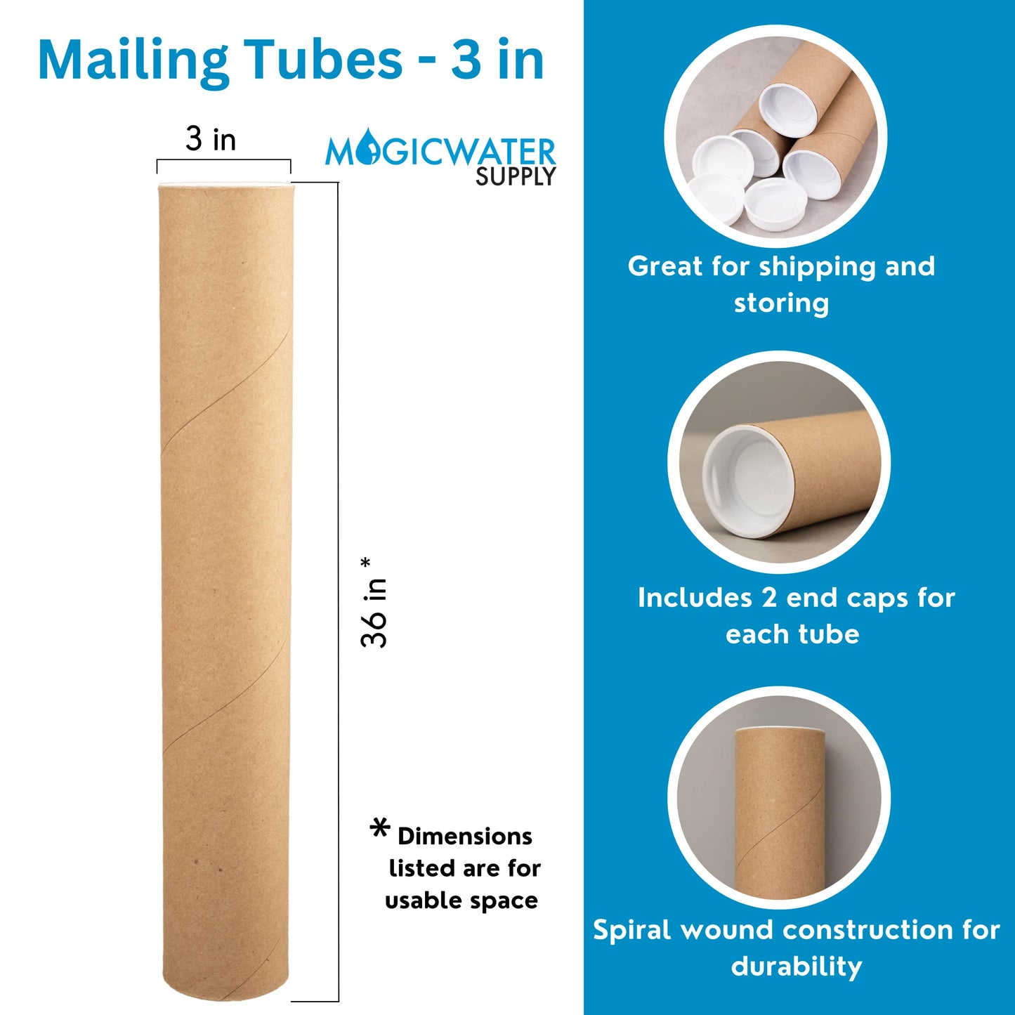 MagicWater Supply Mailing Tube - 3 in x 36 in - Kraft - 6 Pack - for Shipping and Storage of Posters, Arts, Crafts, and Documents