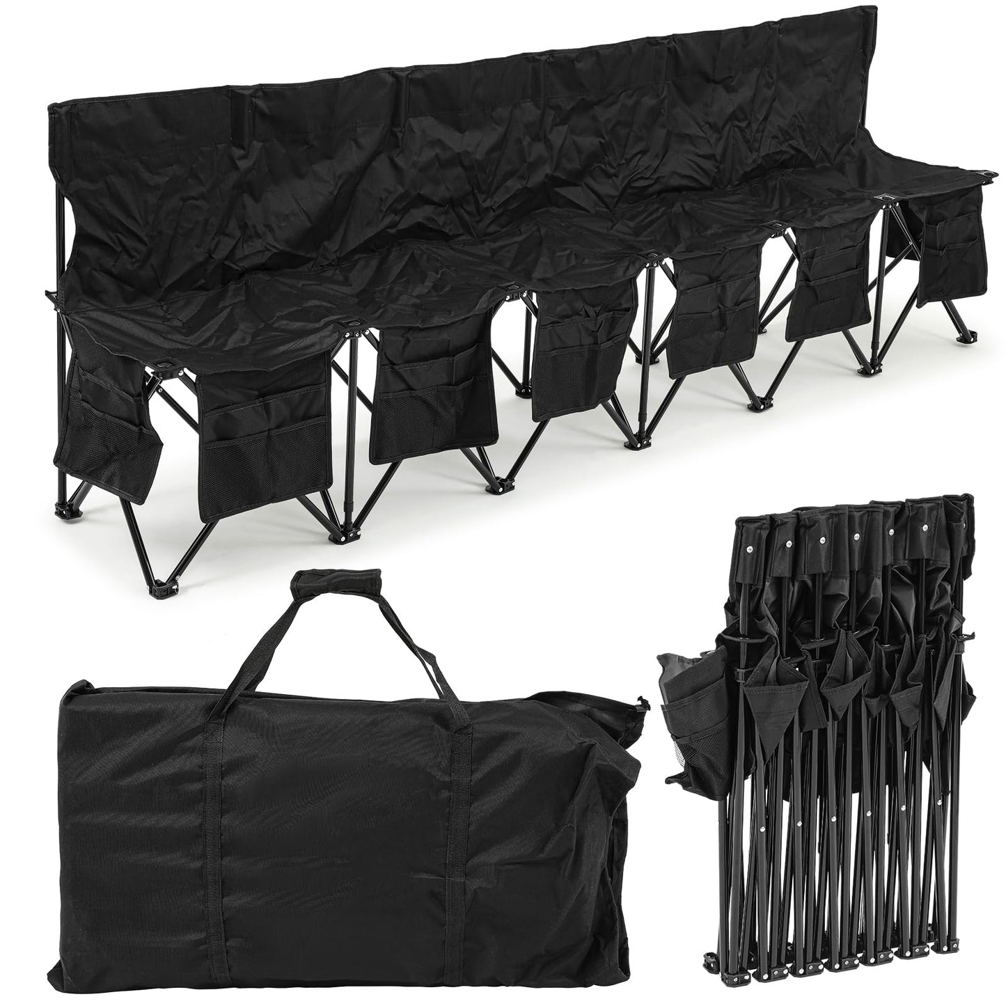 Wonderjune Folding Soccer Bench Portable Sports Team Bench with Pockets and Carrying Bag for Sports Team Outdoor Camp Travel Soccer Practice(Black,6 Seat)
