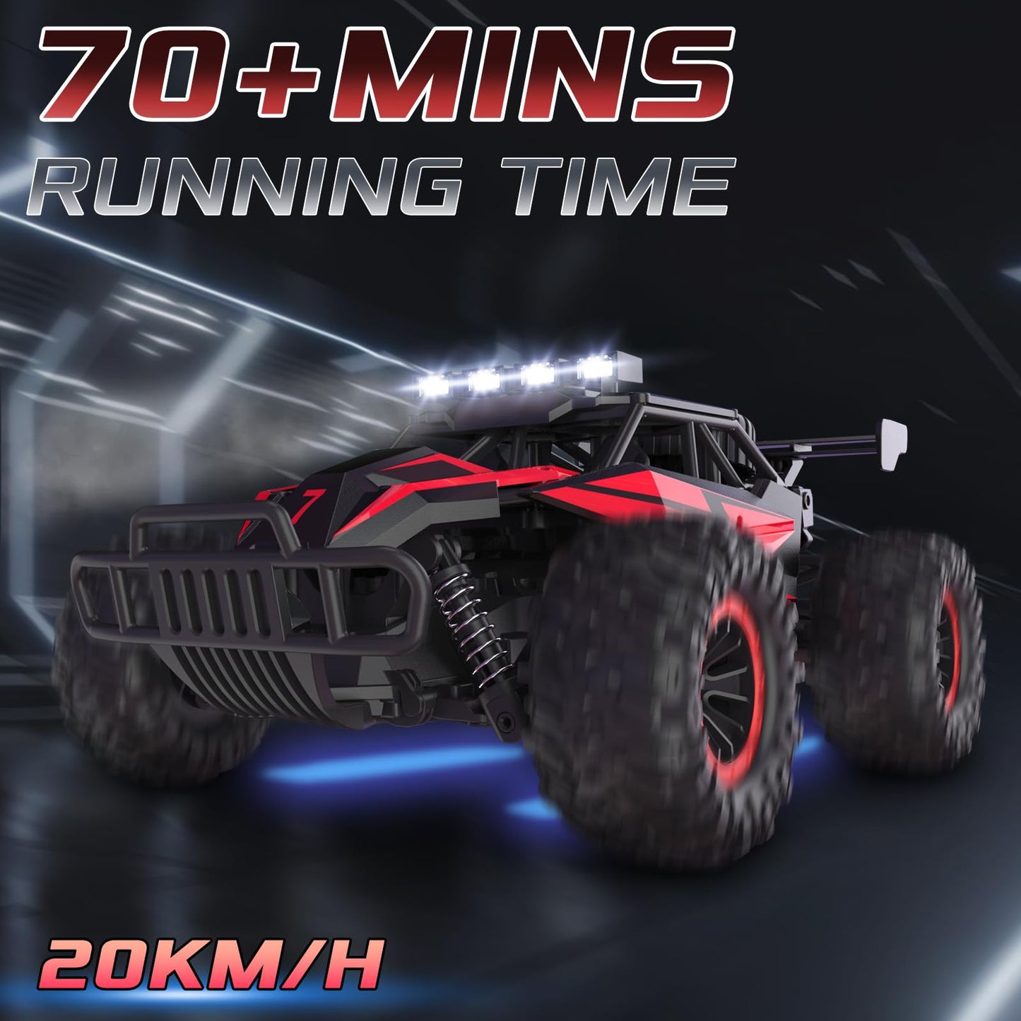 LARVEY 1:16 Scale Remote Control Car, 20 Km/h High Speed Remote Control Truck Off Road RC Monster Vehicle with LED Headlights and Chassis Lights, Electric Toy for Boys Kids and Adults