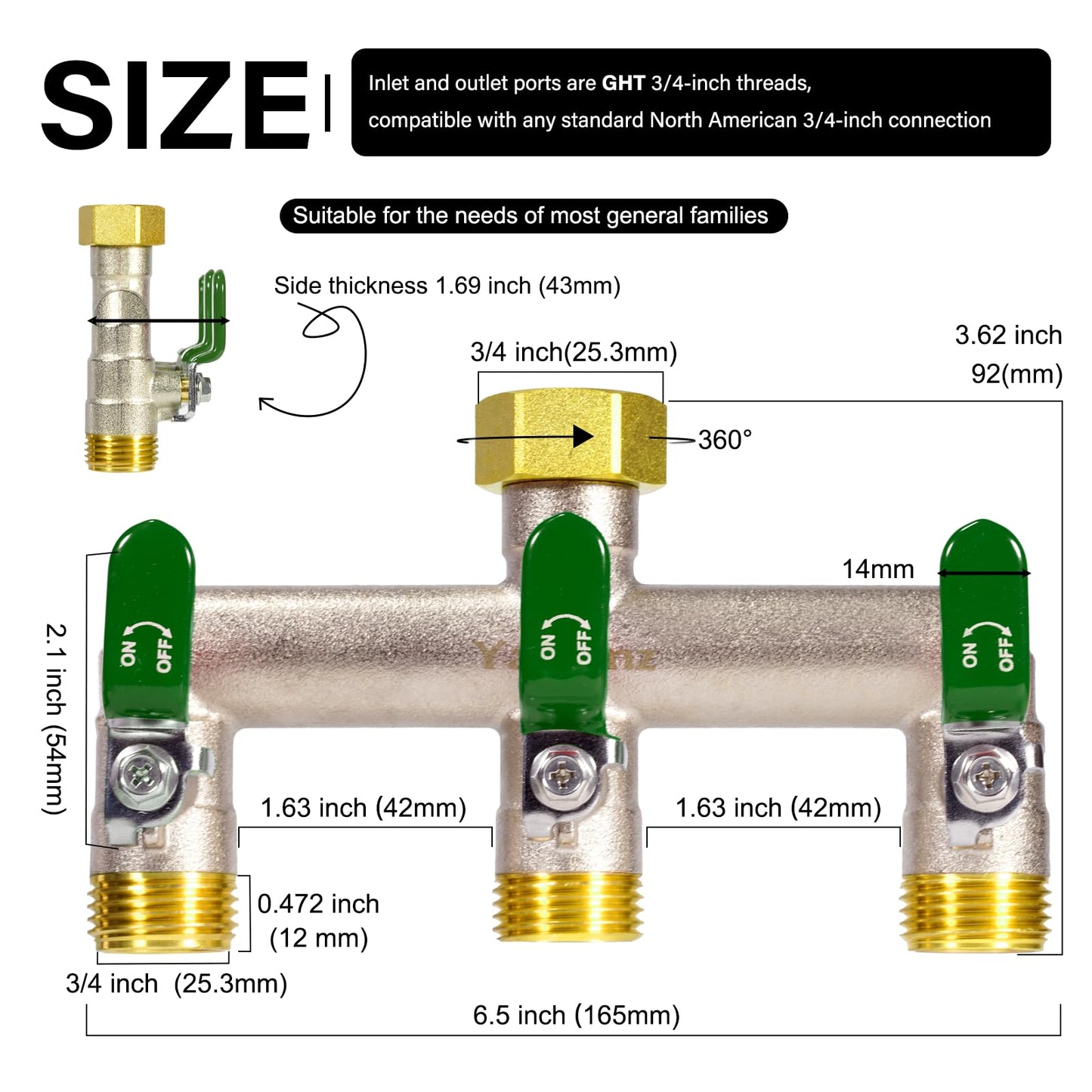 Yayamz Heavy Duty Brass Garden Hose Splitter - 3-Way 3/4" GHT Thread, High Flow Faucet Splitter, Water Hose T Spigot Splitter with Shutoff Valves, Water Adapter & Connector-Long Metal Handle