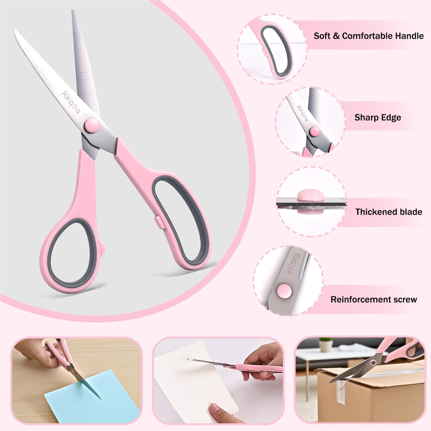 Scissors, Rkqoa 8" Scissors All Purpose 6 Pack - Comfort-Grip Sharp Scissor for Office School Adult Art Sewing Fabric Craft Supplies, Teacher/Classroom Everyday Use, Right/Left Handle