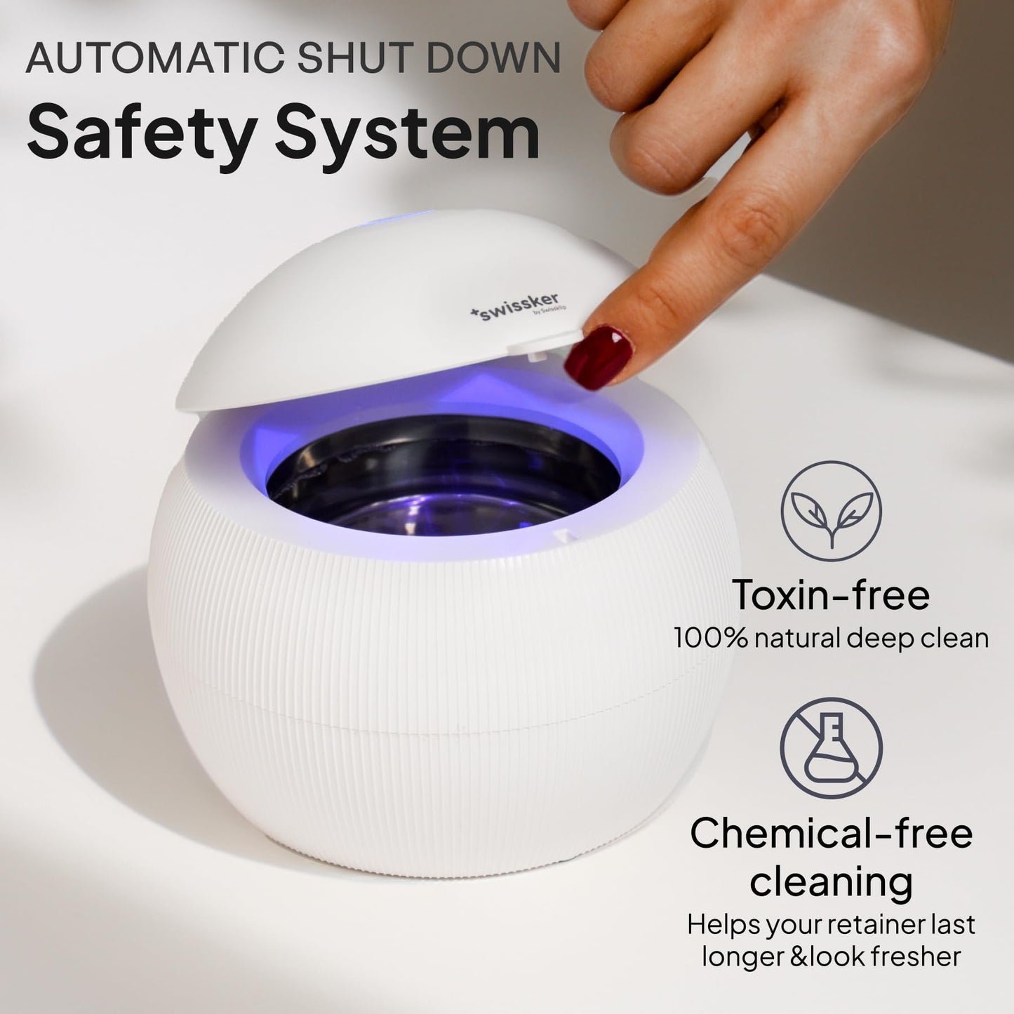 Swissker by Swissklip ShinePod Ultrasonic Retainer Cleaner Machine – Dental Pod Ultrasonic Cleaner for Dentures, Aligners, Mouth Guards, Invisalign Cleaning – UV Sterilization – White