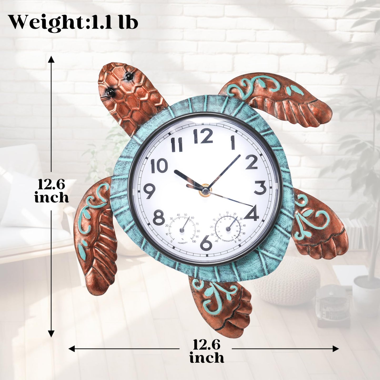 MUMTOP Turtle Outdoor Clock Waterproof, 12.6 Inch Outside Wall Clock with Thermometer Combo for Patio Pool Garden Home Decor