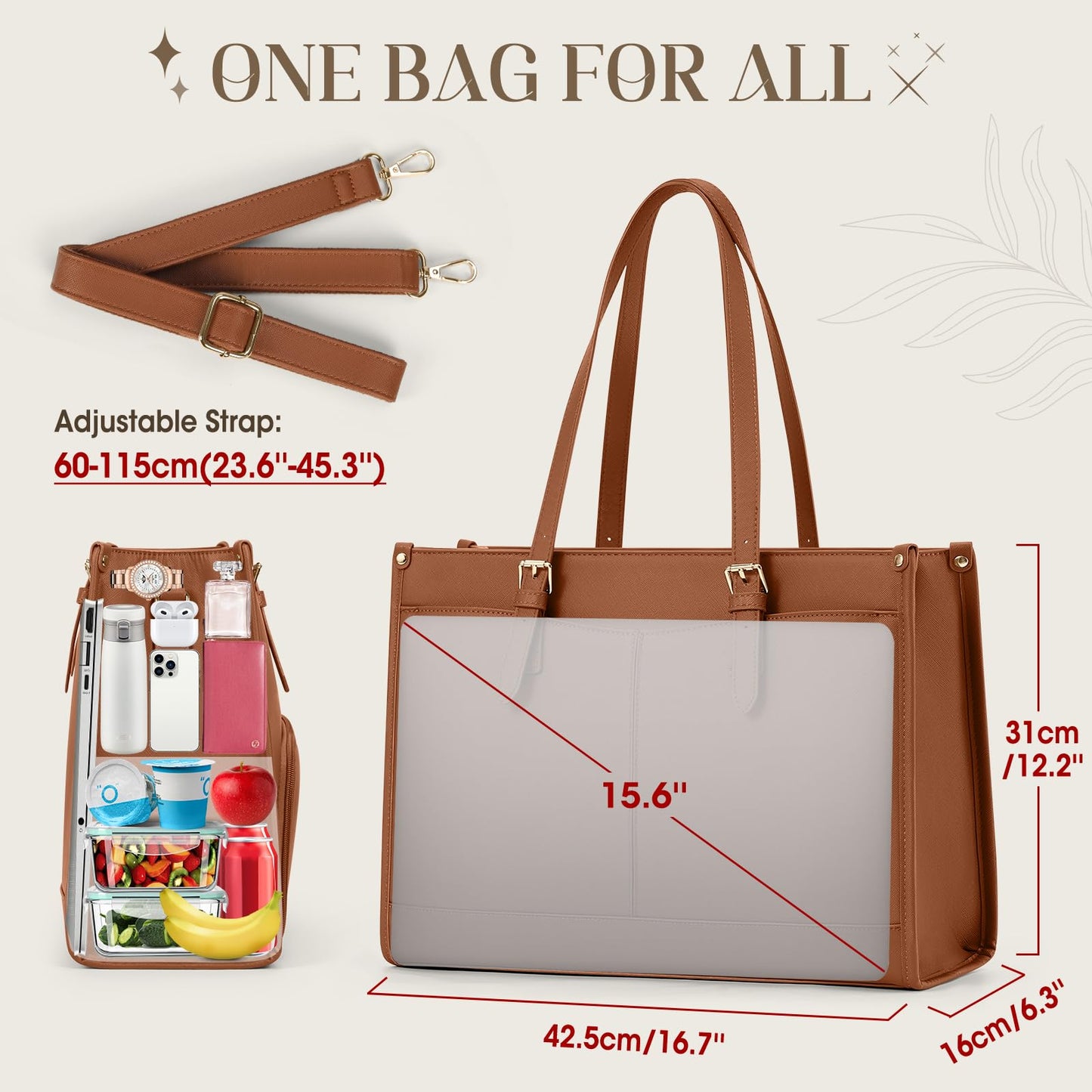 RAINSMORE Lunch Tote Bag for Women 15.6 Inch Laptop Bags with Insulated Lunch Compartment Large Leather Quilted Computer Tote for Teacher Nurse Work Collage Casual Brown