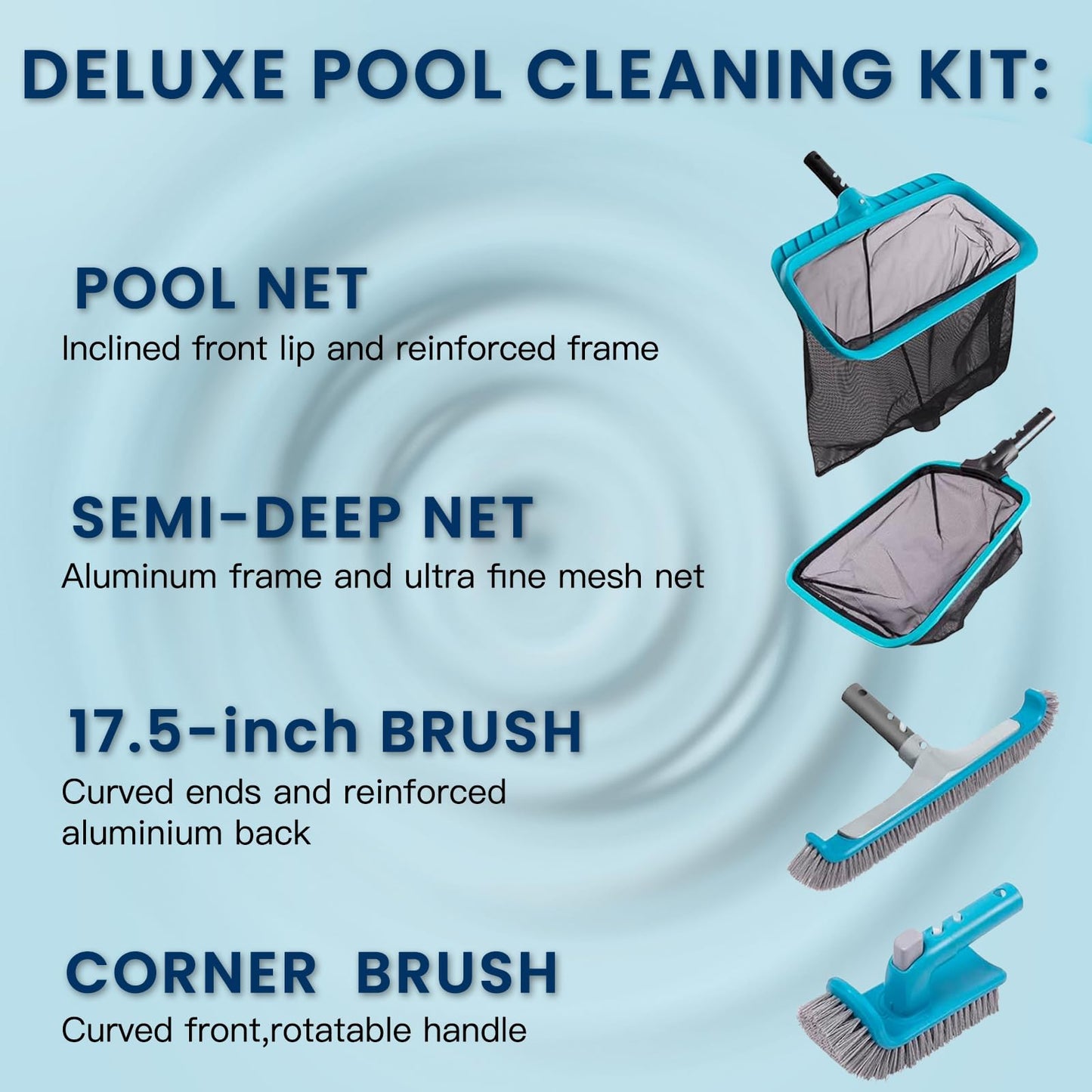 Sepetrel Deluxe Swimming Pool Cleaning Kit Including 2 Brush Heads, 2 Pool Skimmer Nets(NO Pole)