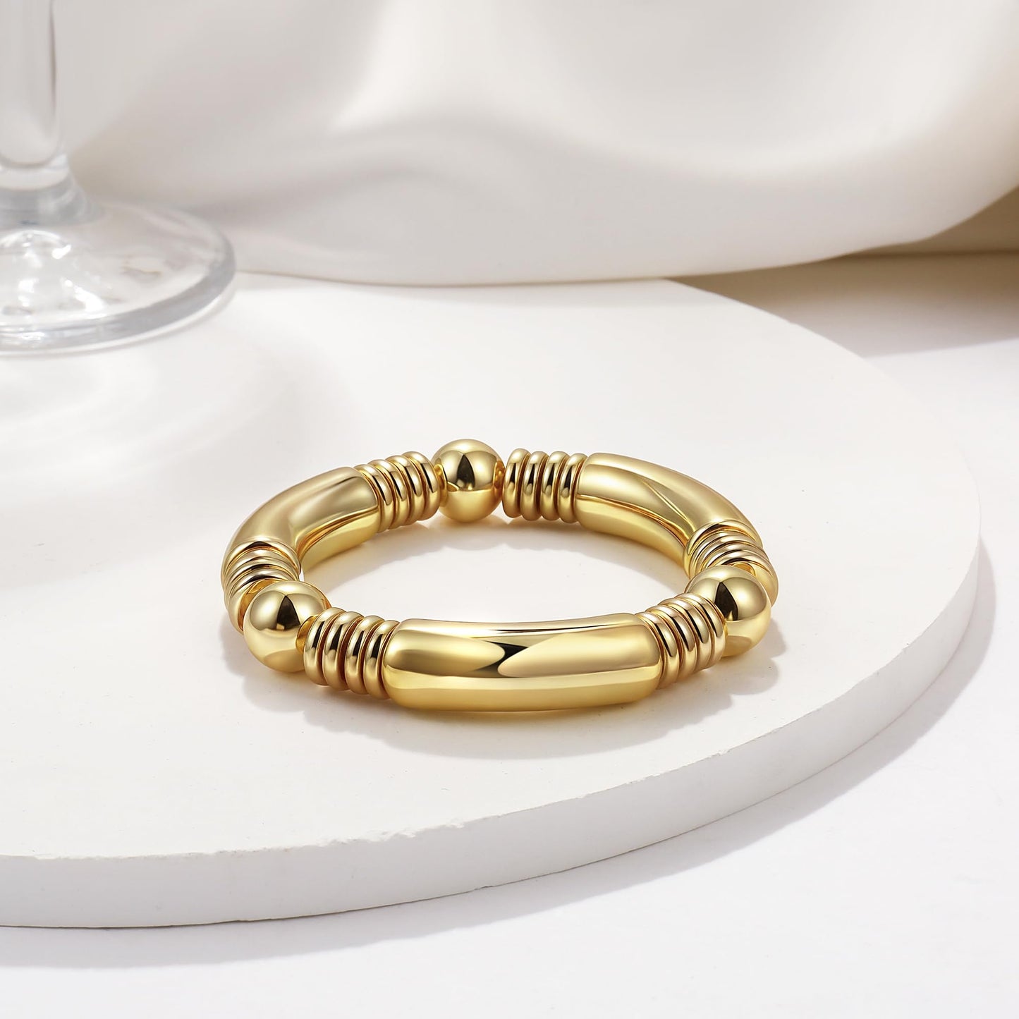 14K Gold Plated Bangles Bracelet for Women Chunky Curved Stacking Plated Bead Ball Stretchable Bracelets （1PCS)