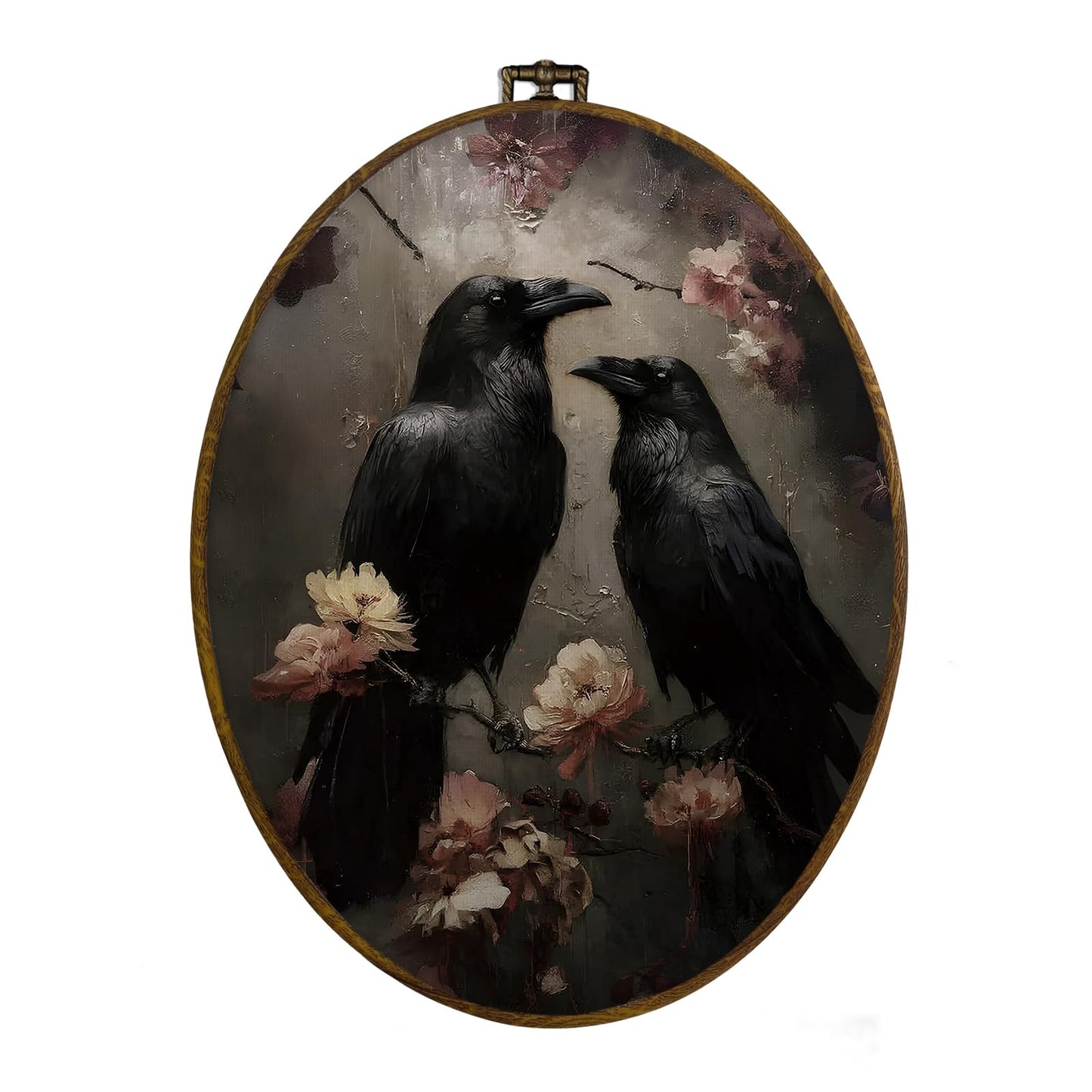 dvhdajed Dark Witchy Black Crow Oval Wall Art Decor, Moody Romantic Raven Couple Framed Canvas Art, Gothic Academia Black Crow Wall Hanging Decor for Gallery Bathroom Living Room, 8.7x11.3