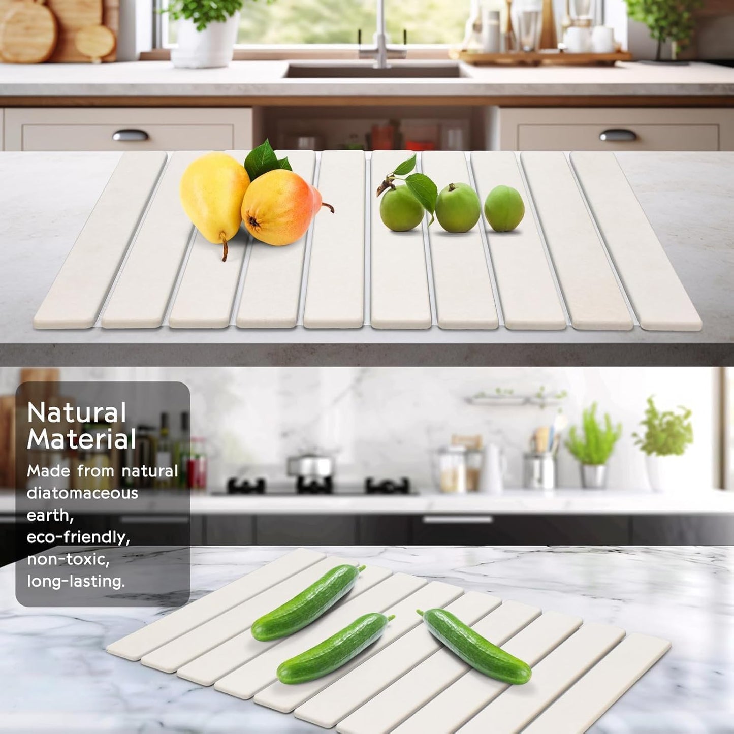Large Stone Dish Drying Mat for Kitchen Counter, 24"(L)×16"(W), Collapsible Quick Drying Dish Mats, Ultra Absorbent Diatomaceous Earth Mats for Dishes Bottles Cups, Match Any Countertop