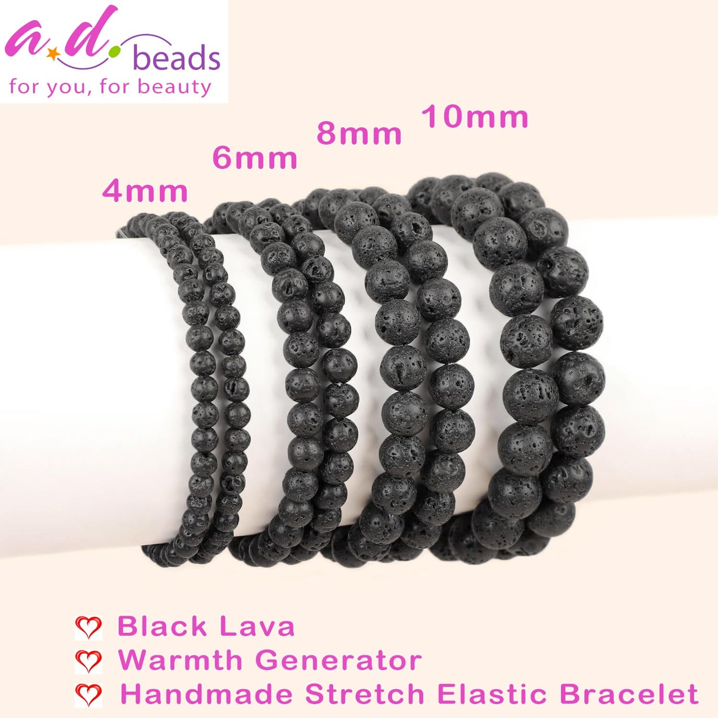 AD Beads Handmade Gemstone Stretch Elastic Bracelet Crystal Healing Reiki Nature's Beauty and Spiritual Essence Unisex (4mm, Black Lava (Warmth Generator))