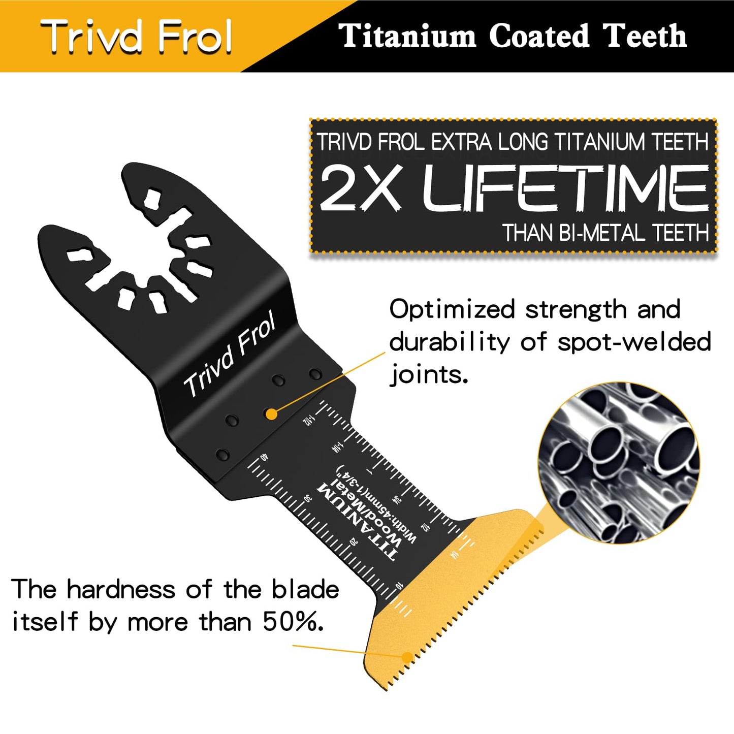 Trivd Frol 100PCS Oscillating Saw Blades, Professional Universal Titanium Multitool Blades for Wood Plastics Metal, Quick Release Multi Tool Blades Kits Fit Dewalt Ryobi Milwaukee Rockwell Fein