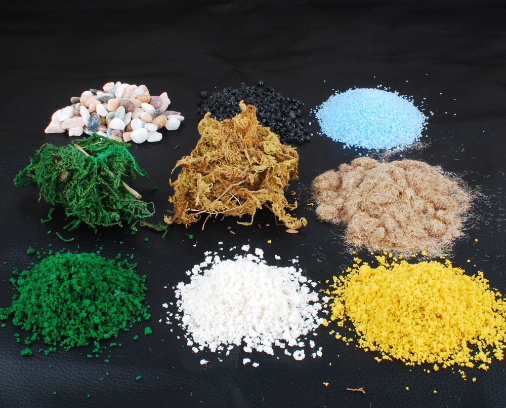 NWFashion 9 Bags Total 300Gram Scenery Basing Material Kit，Stone,Snow,Grass,Moss Stick,River,Desert