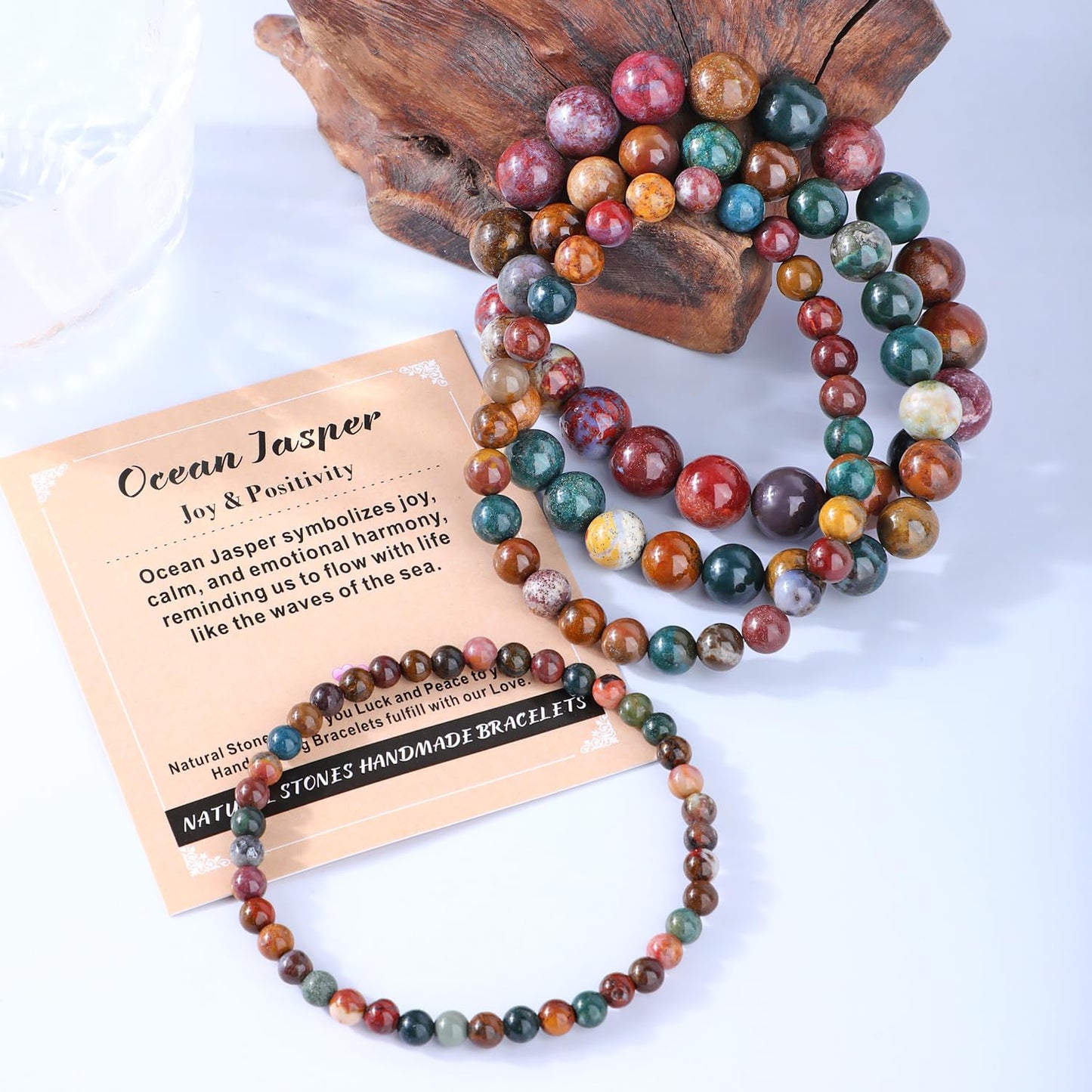 AD Beads 6mm Handmade Ocean Jasper Elastic Bracelet – Natural Gemstone for Joy & Positivity – Meditation, Yoga, Healing and Energy Gift for Men Women