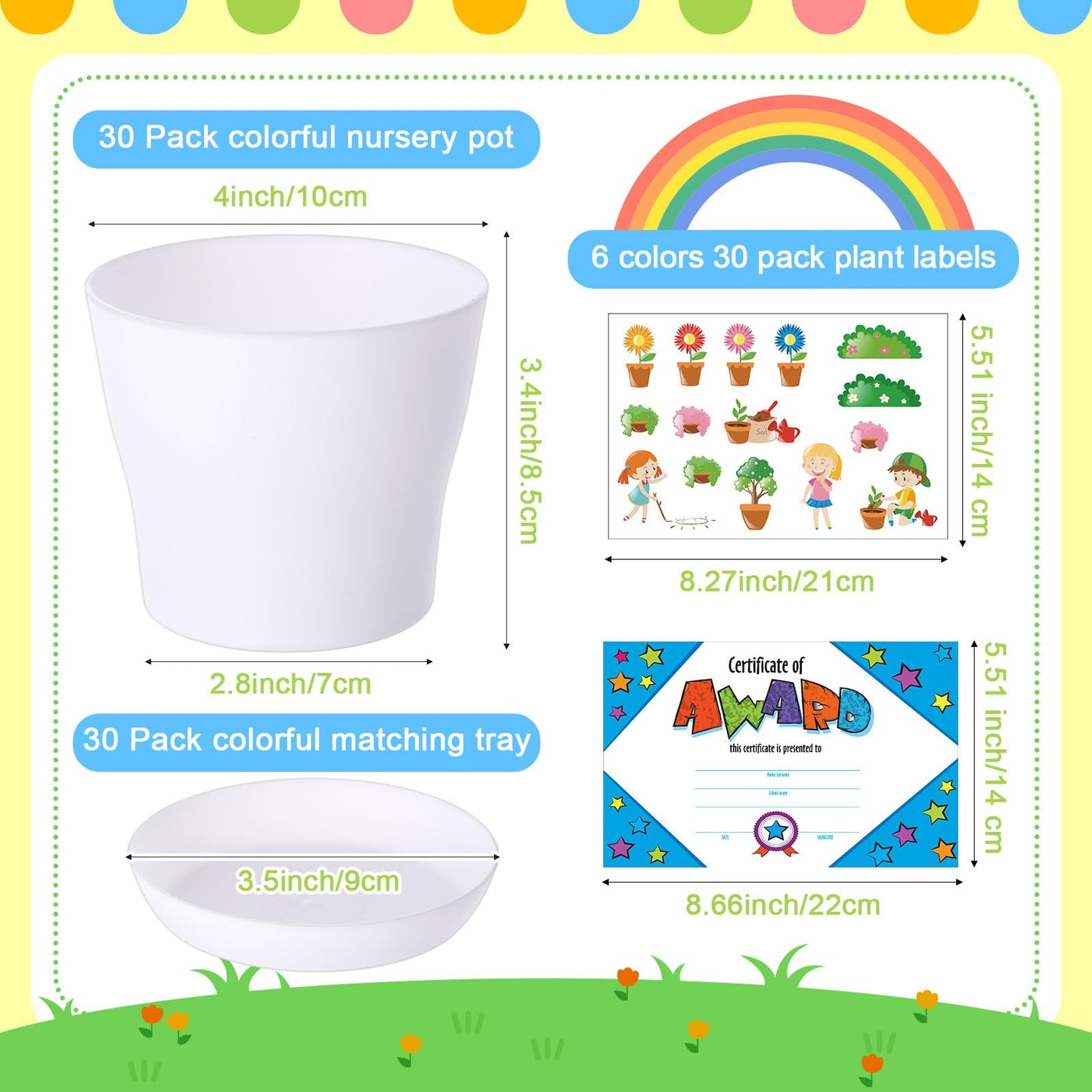 Domensi 30 Set DIY Plastic Pot Craft for Kids Bulk Earth Day Crafts 4 Inch Flower Pot Planters with Tray Drainage Holes with 458 Stickers 30 Cards for Spring Mother's Day Planting(White)
