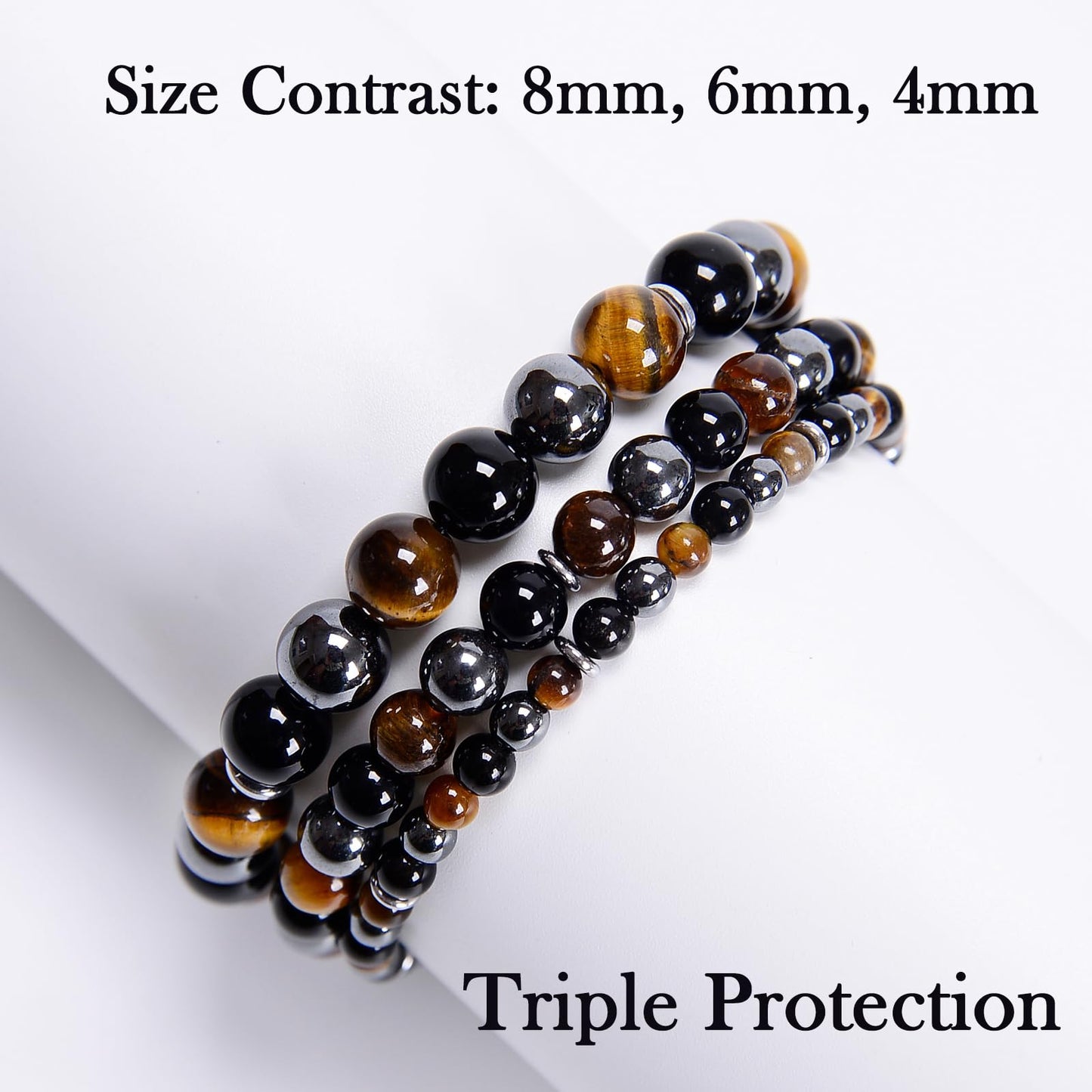 CHCCOYE 4mm Handmade Adjustable Natural Gemstone Crystal Bracelet Healing Power Energy Inspirational Gifts with Card for Unisex (Triple Protection)