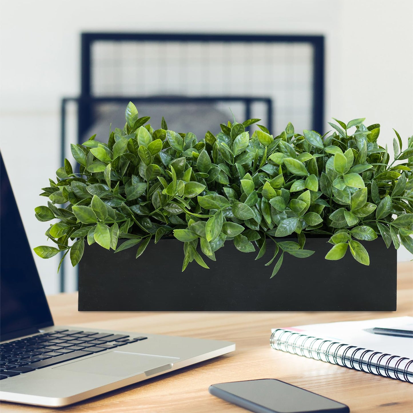 Winlyn 14" Artificial Boxwood Plant Greenery Arrangement Faux Boxwood in Black Rectangular Wooden Planter Potted Herb Plant for Farmhouse Home Decor Wedding Windowsill Mantel Shelf Table Centerpiece