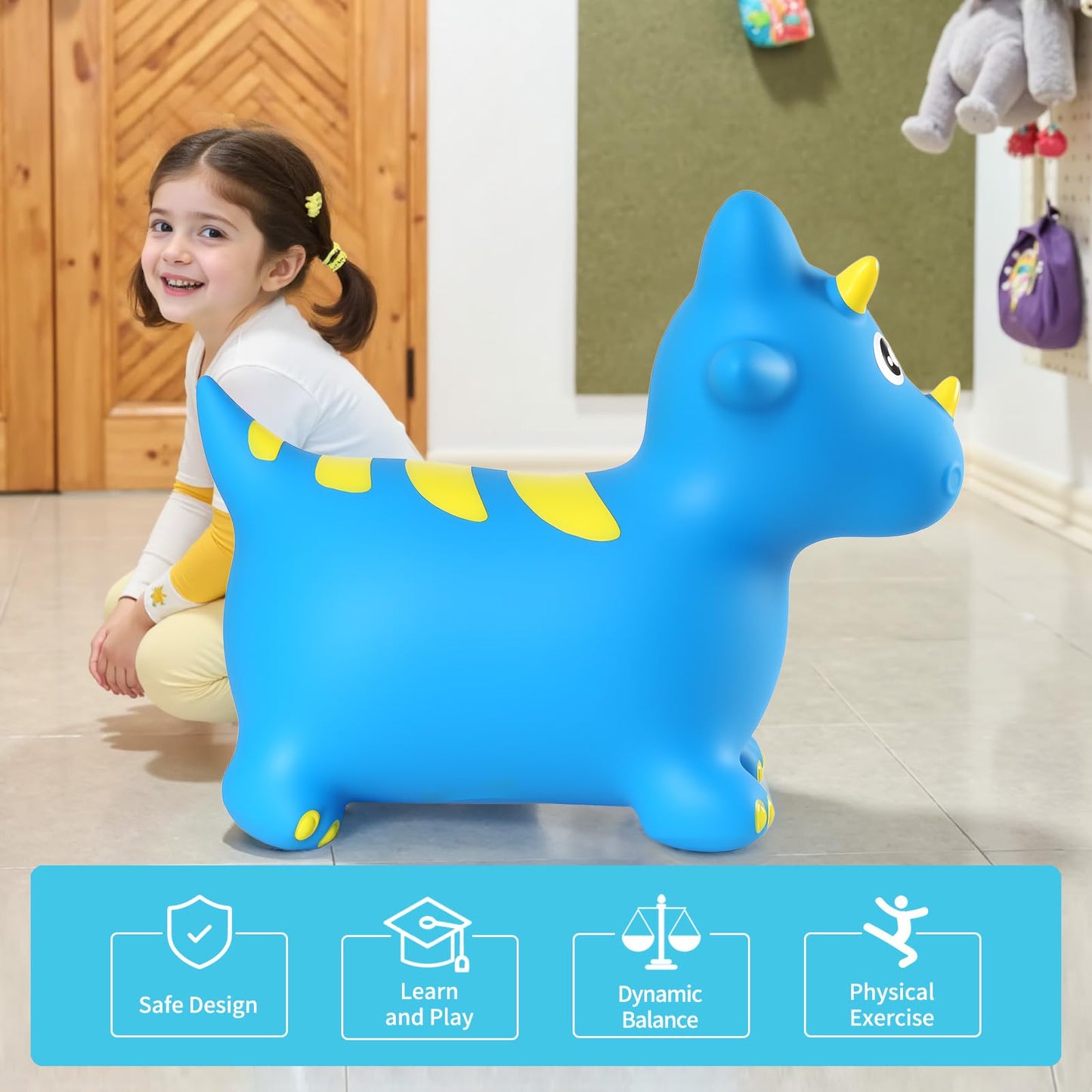 INPANY Bouncy Horse, Dinosaur Hopper Toys, Toddler Bouncing Animal, Dinosaur Party Decorations, Inflatable Ride on Rubber Triceratops Bouncer, Outdoor Cool Birthday Gift for 2 3 4 Yr Boy Girl Blue