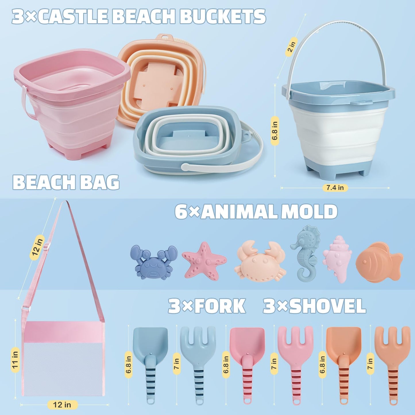 Dreamon Beach Toys Set for Kids 3-10, Collapsible Sand Buckets with Beach Molds and Mesh Bag, 3 Pack Shovels Set Sand Toys for Beach, Sandbox Travel Toys for Toddlers Kids