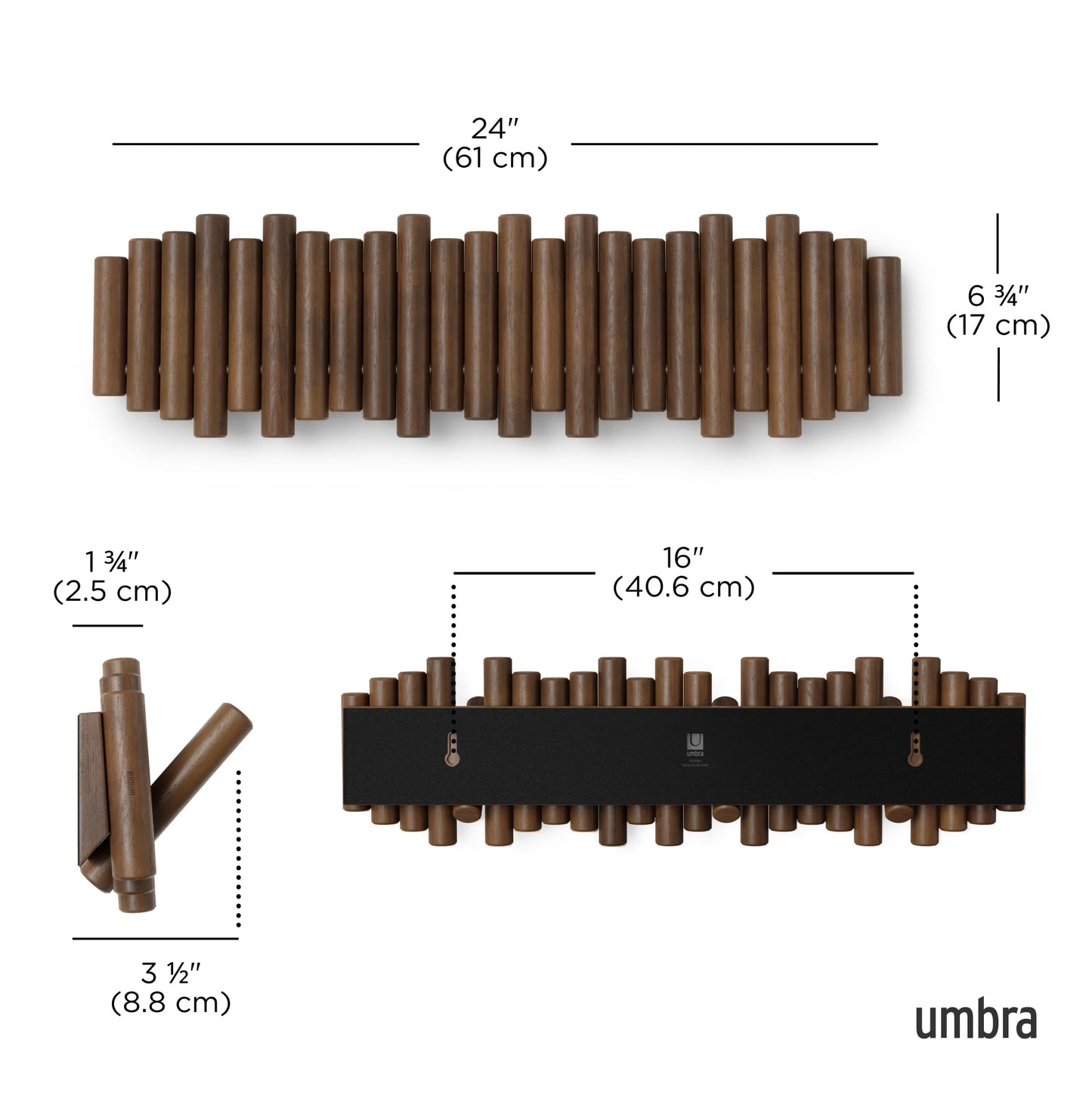 Umbra Picket Coat Rack with 8 Hooks – Walnut Wall-Mounted Coat Rack with Flip-Down Wooden Hooks, Real Pine Wood Decorative Wall Storage for Jackets, Hats, Scarves, Bags, Entryway, Bedroom Living Room
