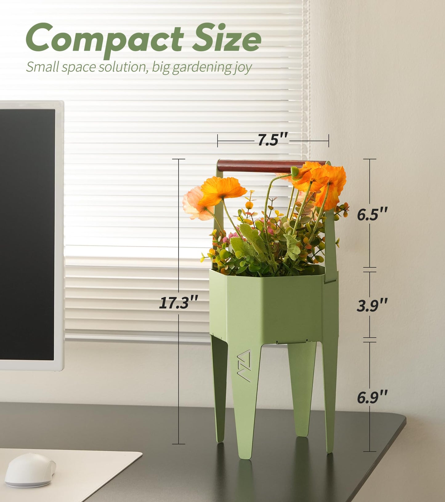 AZADESJET Planter with Stand, Metal 2 in 1 Portable Planter with Grow Bags & Handle, Stable Stylish Indoor Plant Pots with Stand, Modern Flower Pots Outdoor, 7.5'' x 17.3'', Green, Plant Not Included
